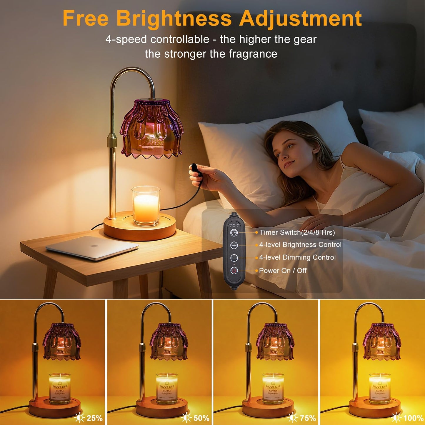 Flyzenvibe Candle Warmer Lamp with Timer & Dimmer, Birthday Gifts for Women Mom, 4-Level Dimmable Flower Heat Lamp for Jar Candles, Adjustable Height, House Warming Gifts, Home Decor (Purple