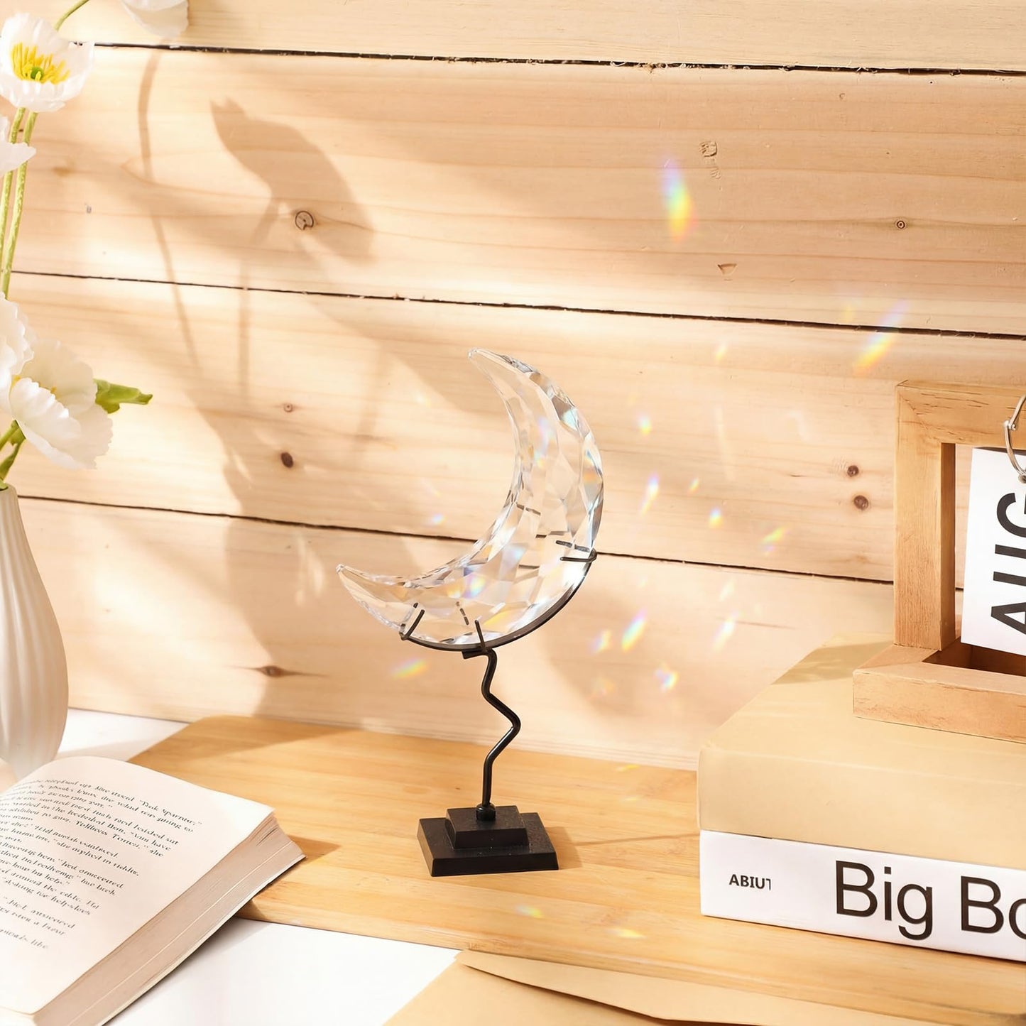 BrightRow 4 Pcs Moon Crystal Holder Rock Display Stand Moon Shaped Crystal Display Gemstones Holder Metal Rock Stands with Base for Gemstones Mini Balls Geodes Mineral Agate Home Office Decor (Black)