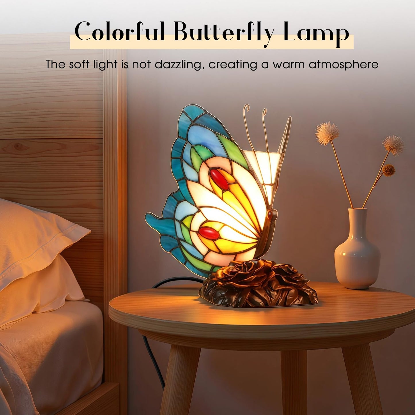 Yodimust Tiffany Style Blue Pink Butterfly Table Lamp