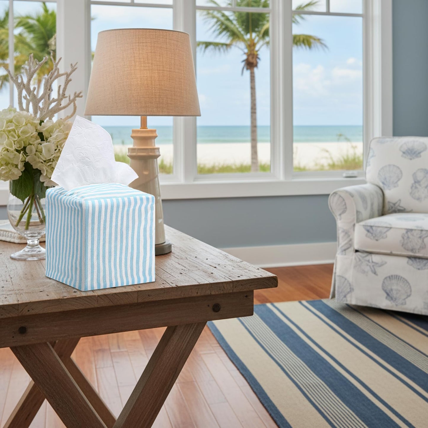 Potchen Tissue Box Cover Decorative Beach Square Napkin Holder Stylish Toilet Paper Storage Light Blue and White Stripe Tissue Box Cover for Summer Home Bedroom Living Room Bathroom Office Kitchen