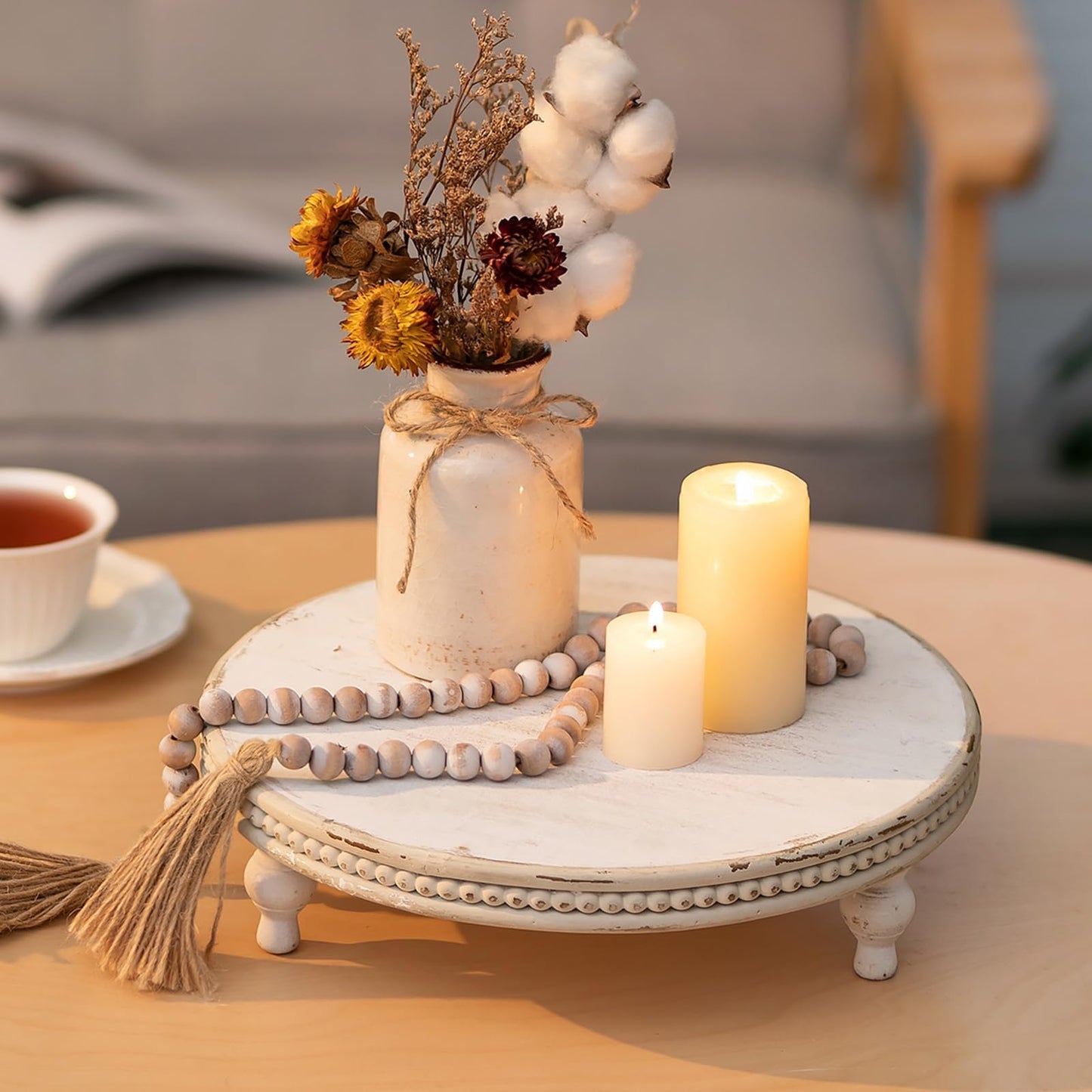 Hanobe Round Decorative Tray Stand: White Beaded Wood Pedestal Risers Farmhouse Circle Display Holder for Coffee Table Home Decor Kitchen Bathroom Counter