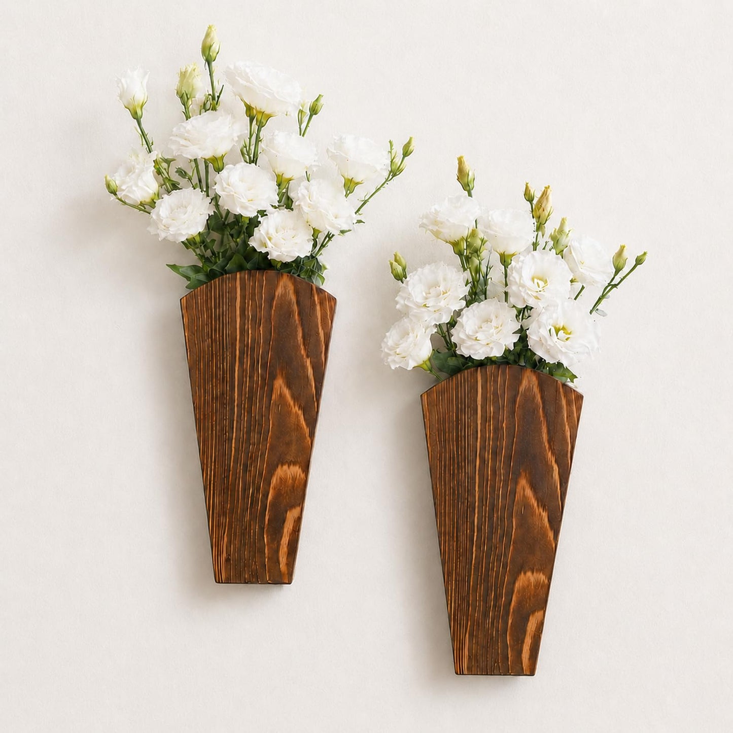 Artilady 2 Pack Wooden Wall Vase Boho Decor, Wall Mounted Hanging Planter for Indoor Modern Farmhouse Wall Art for Living Room Bathroom Hallway Bedroom (Charcoal, Fan Tapered)