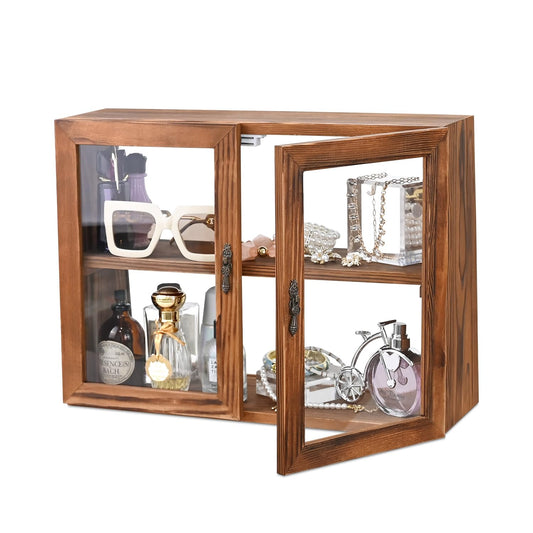 MOOCA Wood and Glass Display Case with Double Doors, Adjustable 2-Level Collection Display Case for Mini Funko Pop Figures, Bakery Pastry Container, Jewelry Organizer Storage, Brown Color