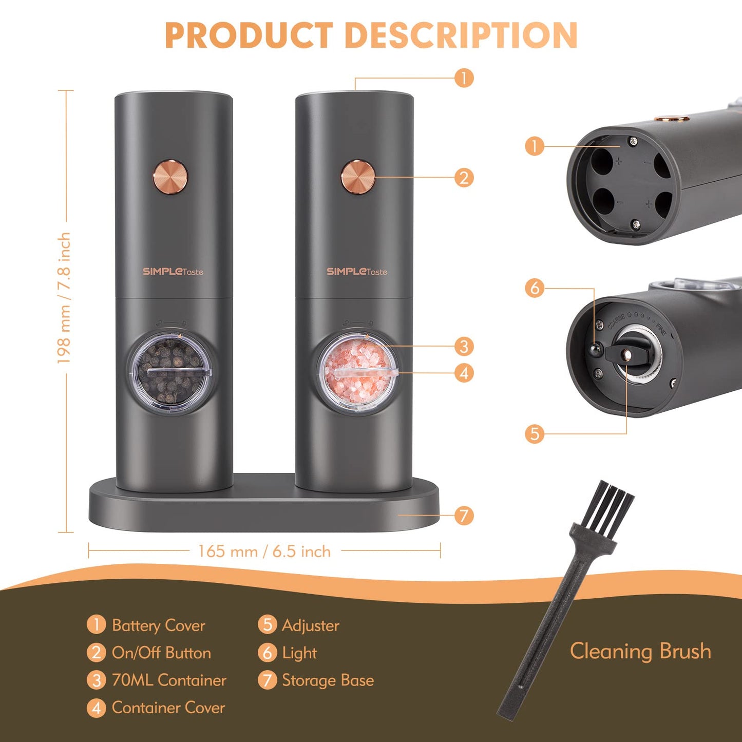 SIMPLETASTE Electric Salt and Pepper Grinder Set with LED Light, Automatic Pepper Mill Shakers with Adjustable Coarseness, One Hand Operation for Kitchen, Dining, Gifting, Space Gray, Battery Operated