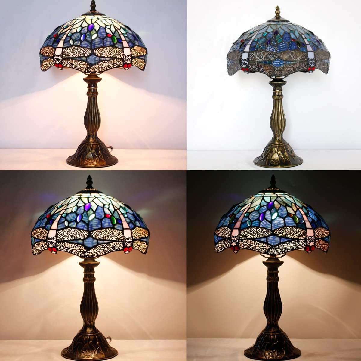 WERFACTORY Tiffany Table Lamp Blue Stained Glass Dragonfly Style Desk Light