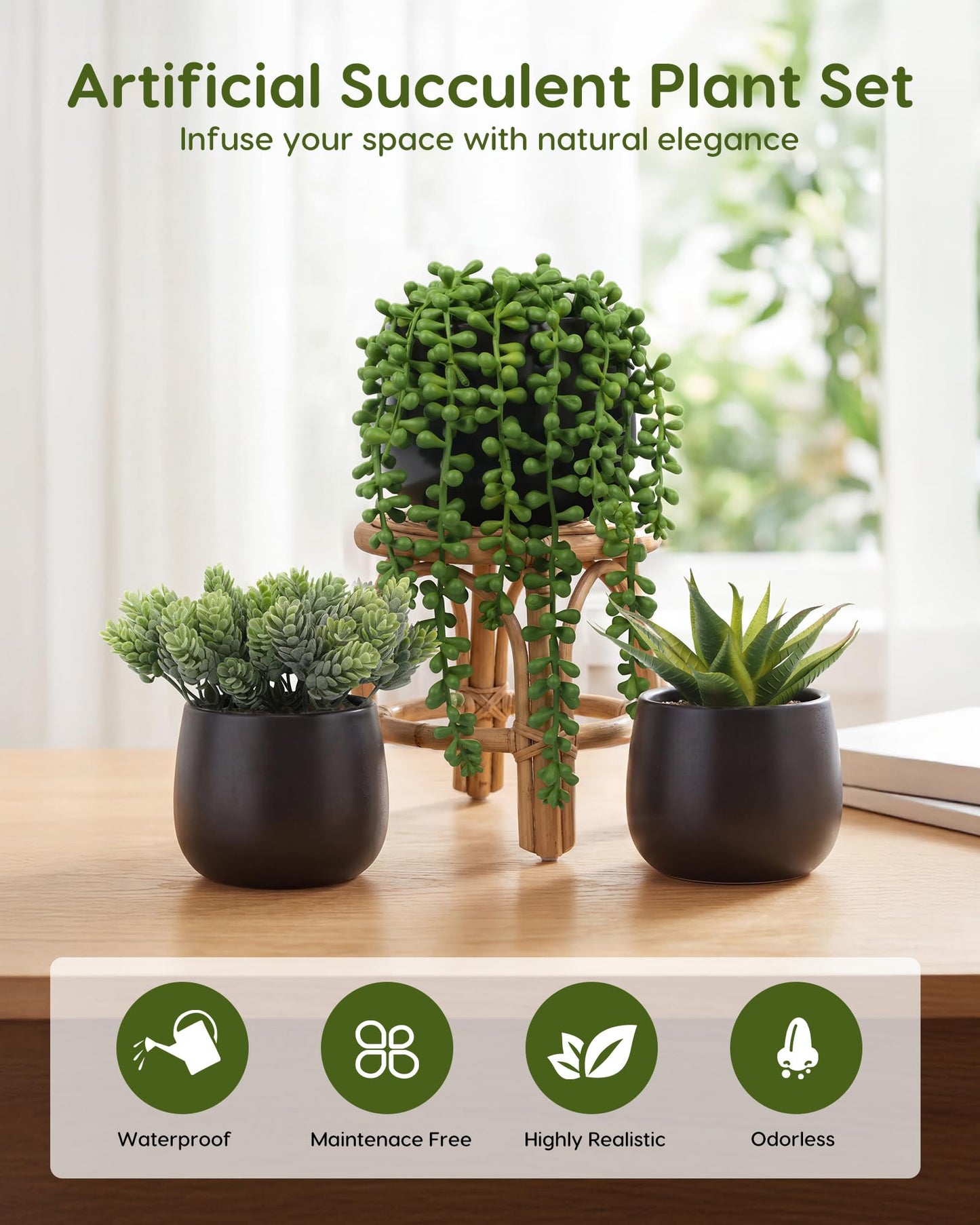 Velener Artificial Succulents Plants in Black Pots (Set of 3) - Faux String of Pearls, Aloe & Sedum Potted Plants Small Fake Plants Indoor for Home Office Table Desk Shelf Kitchen Bathroom Decor