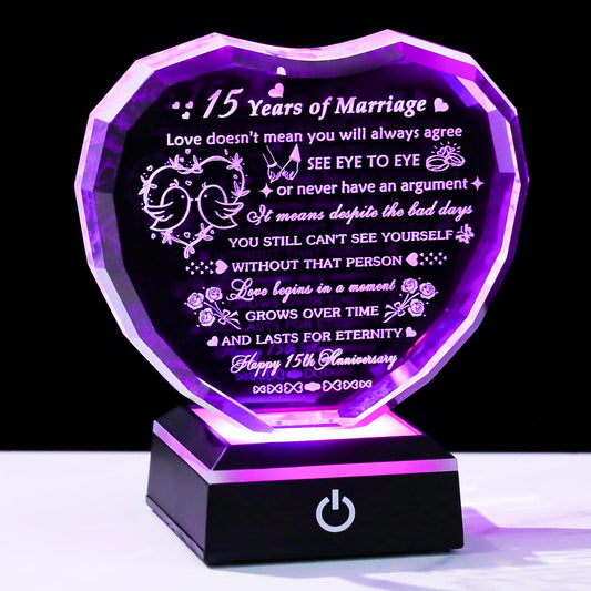 Arikyrist 15th Wedding Anniversary Crystal Heart Gifts for Couple, Laser Engraved Happy 15th Anniversary Crystal Gifts for Wife Husband, Romantic 15 Years of Marriage Gift for Him Her Friends