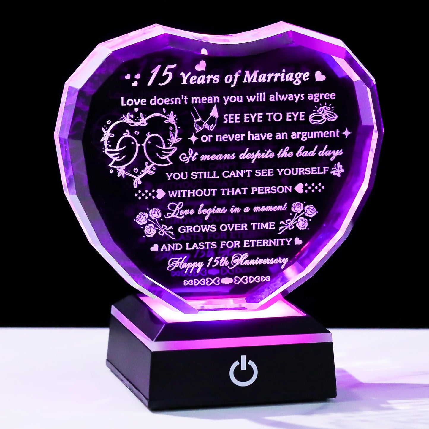 Arikyrist 15th Wedding Anniversary Crystal Heart Gifts for Couple, Laser Engraved Happy 15th Anniversary Crystal Gifts for Wife Husband, Romantic 15 Years of Marriage Gift for Him Her Friends