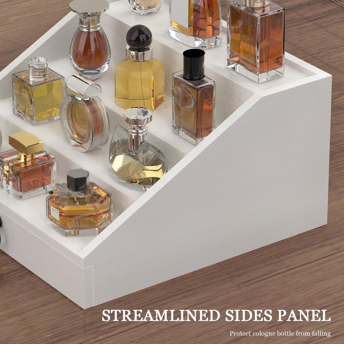 upcessory Wooden Cologne Organizer for Men Enhanced 4 Tier Cologne Stand Shelf Perfume Organizer with Velvet Lined Drawer & Hidden Storage Perfume Display Holder for Dresser Nice Gift (Elegant White)