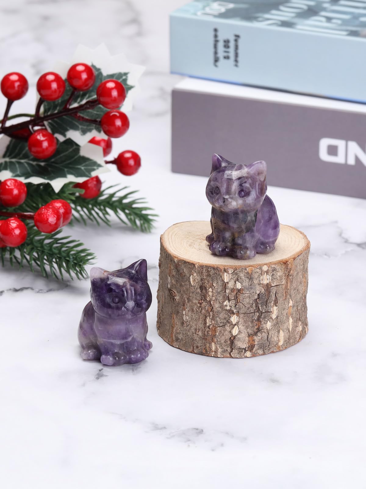 Jovivi 1.5" Amethyst Cystal Cat Statue Natural Stone Carved Cute Pocket Sitting Cat Figurines Sculpture Home Desk Christmas Decorations Gifts