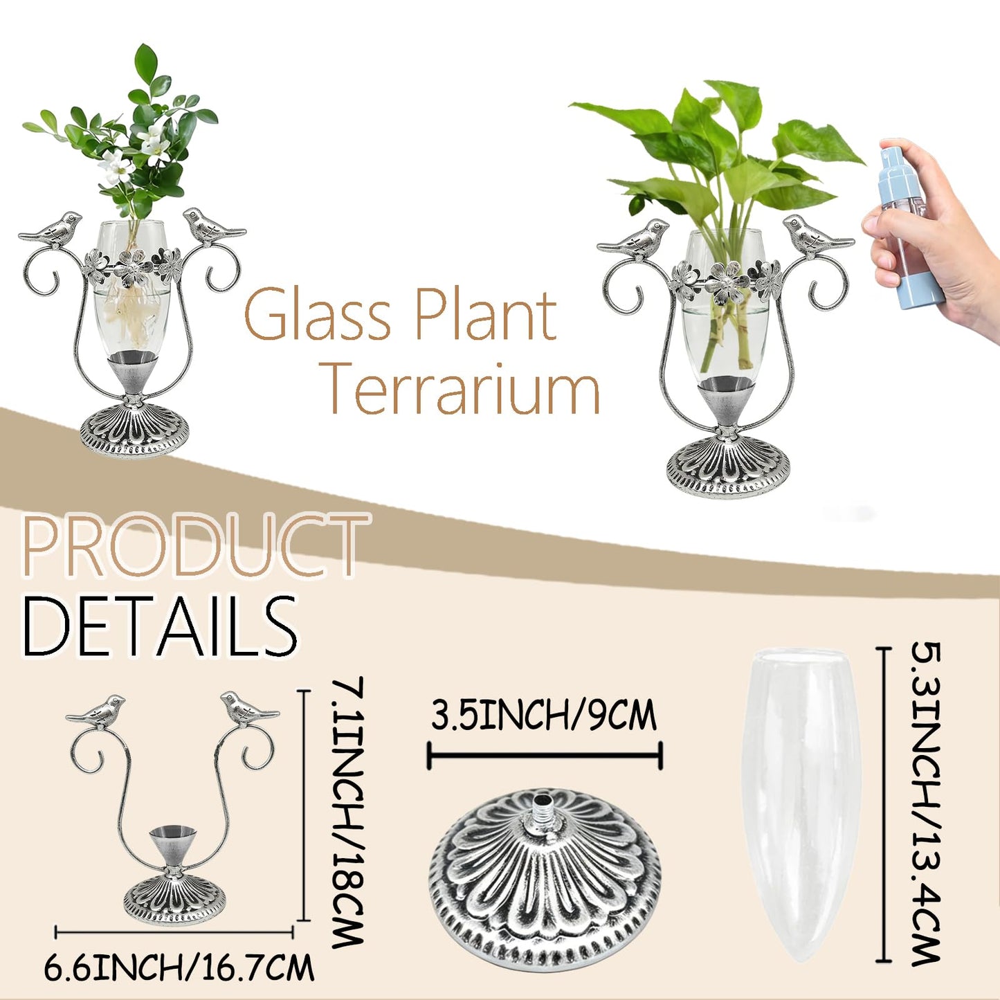 POXOHO Vintage Plant Propagation Station, Hummingbird Metal Glass Plant Terrarium Stand, Office Desk Room Unique Flower Vase, Plant Lovers Gift Ideas for Women, Men (Silver)