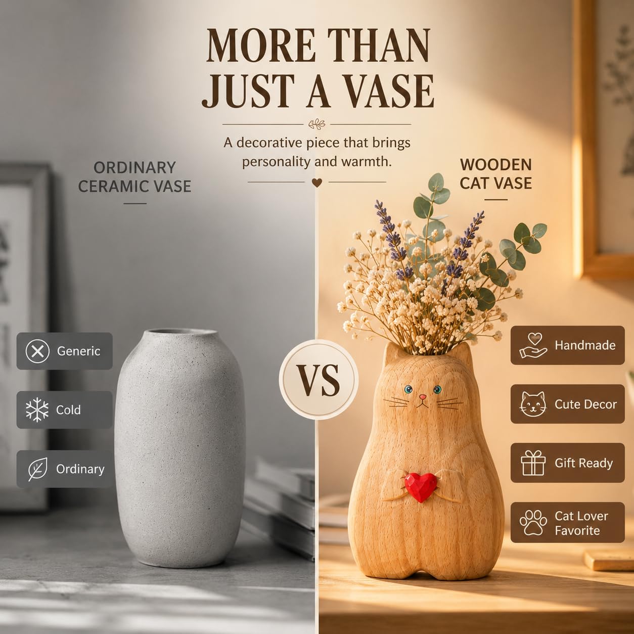 Cat Vase Handmade Wooden Vase, Home Decor Small Vases,Solid Wood Cat Statue Holding Heart Shaped,Modern Creative Cat Decor