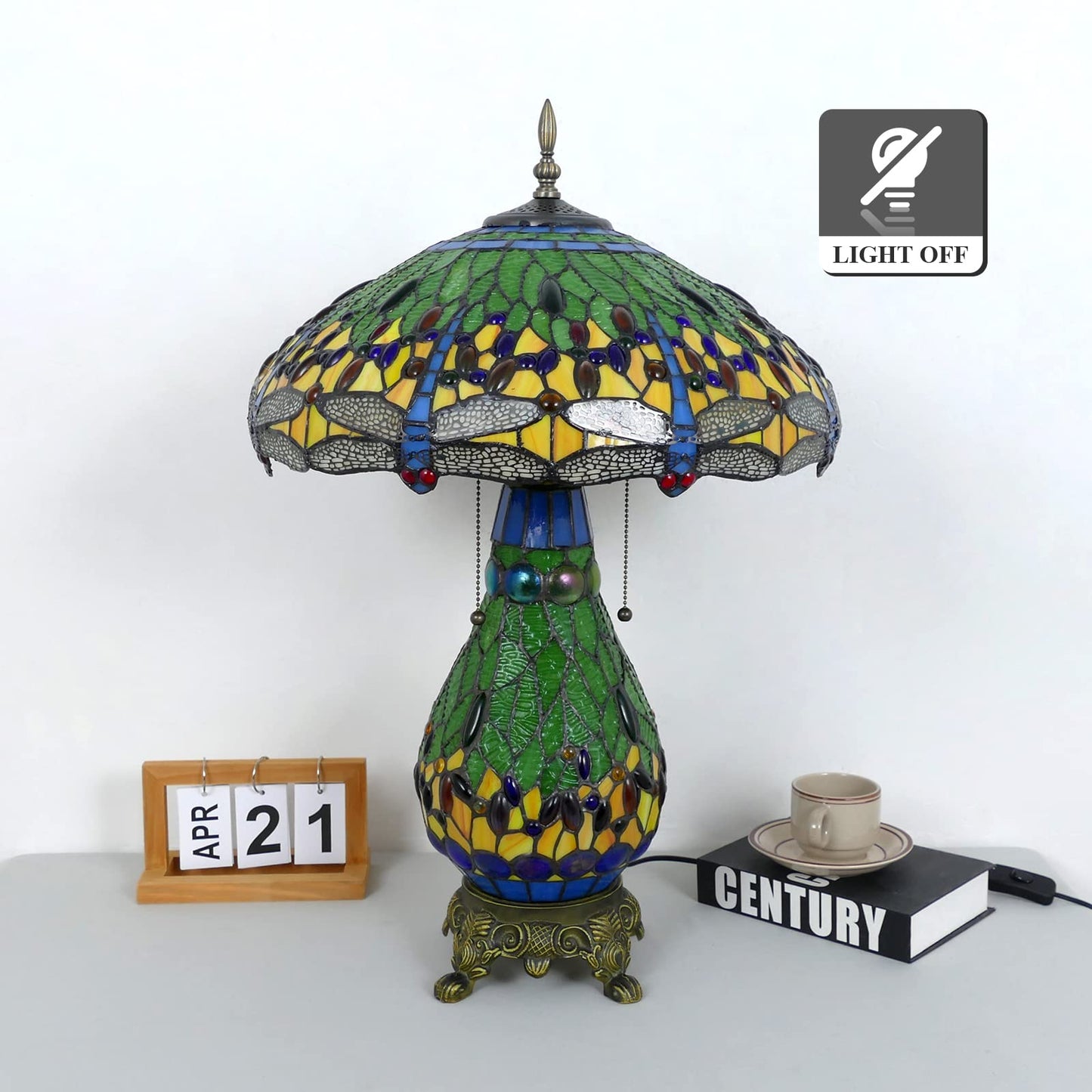 VirtueKing Tiffany Style Table Lamp Green Dragonfly Tiffany Lamp Handmade Stained Glass Lamp 18x18x27 Inches Desk Reading Light for Bedroom Living Room Home Office Decoration, LED Bulb Included