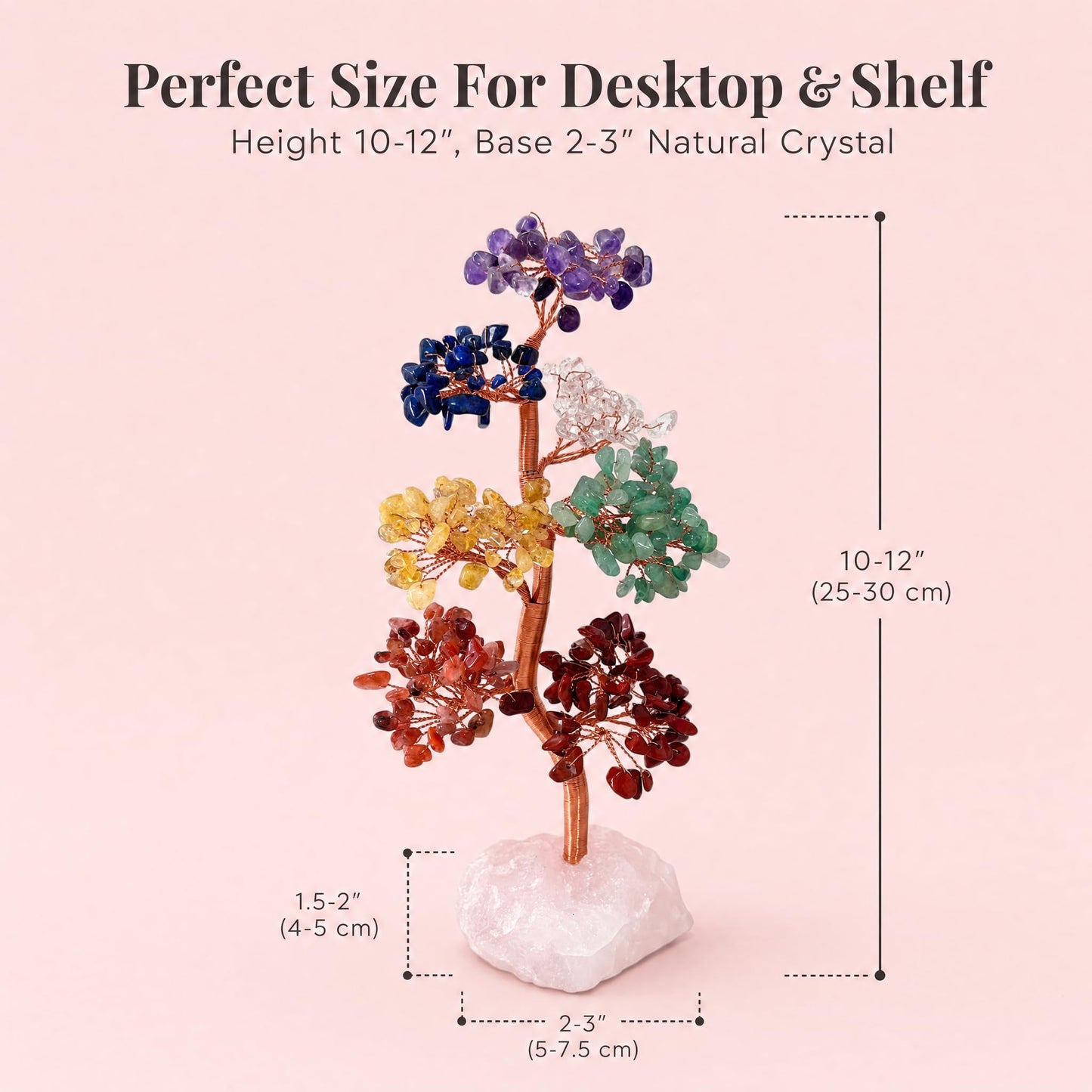 Fatonio Natural 7 Chakra Crystal Money Tree with Raw Rose Quartz Base