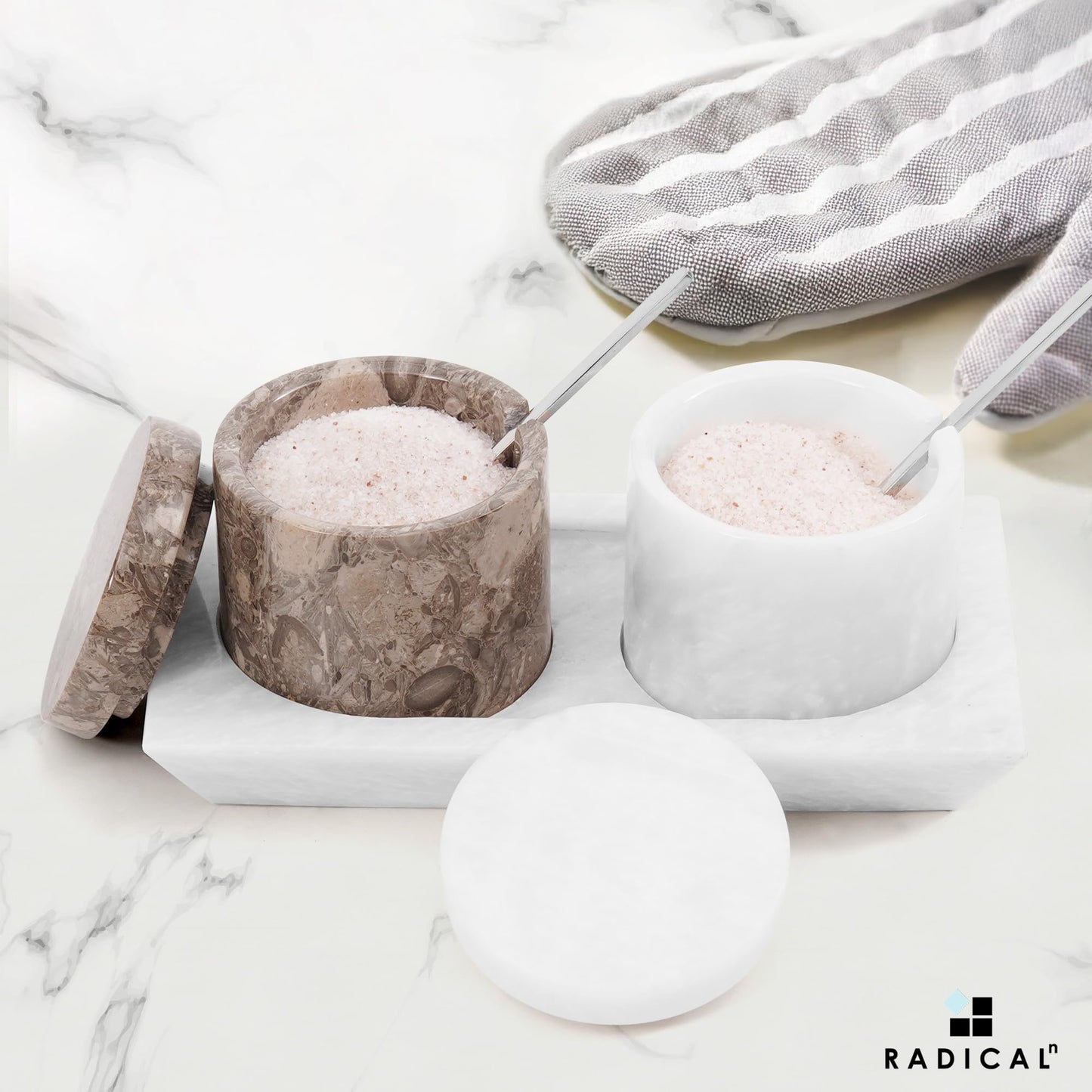 Radicaln Marble Salt Cellar with Lid and Tray 3" Inch Oceanic and White Handmade Salt Dish For Kitchen Countertop, Ideal Set of 2 Seasoning Jars & Table Salt Container For Table