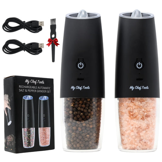 My Chef Tools - Electric Salt and Pepper Grinder Set - Rechargeable Automatic Salt Pepper Mill - USB C Charging - LED Light Illumination - Adjustable Coarseness - 2 Pack Black