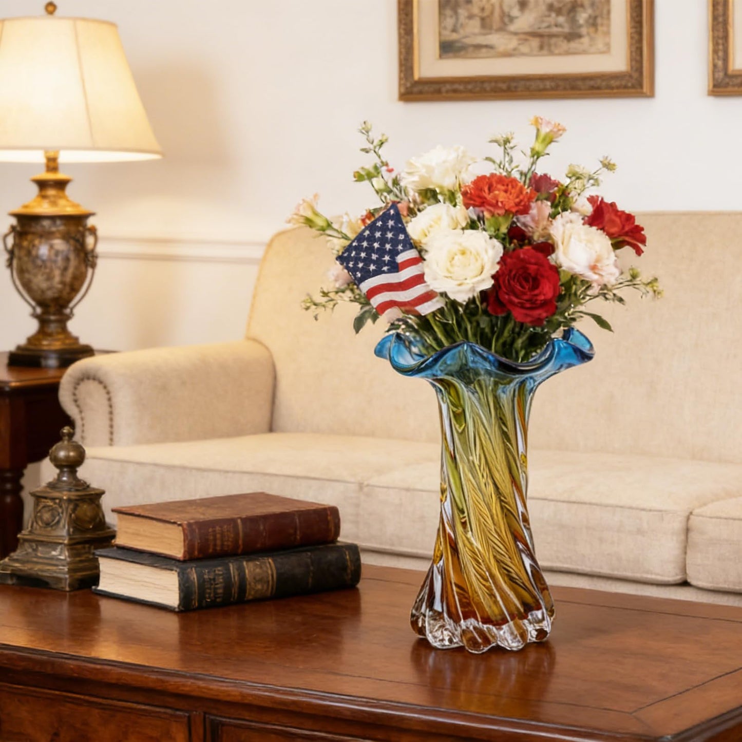 Hand Blown Glass Vase with Flower-Shaped Rim, 10.63in Spiral Swirl Blue to Golden Gradient Vase for Home Centerpiece, Coffee Table, Living Room & Independence Day Decor (S)
