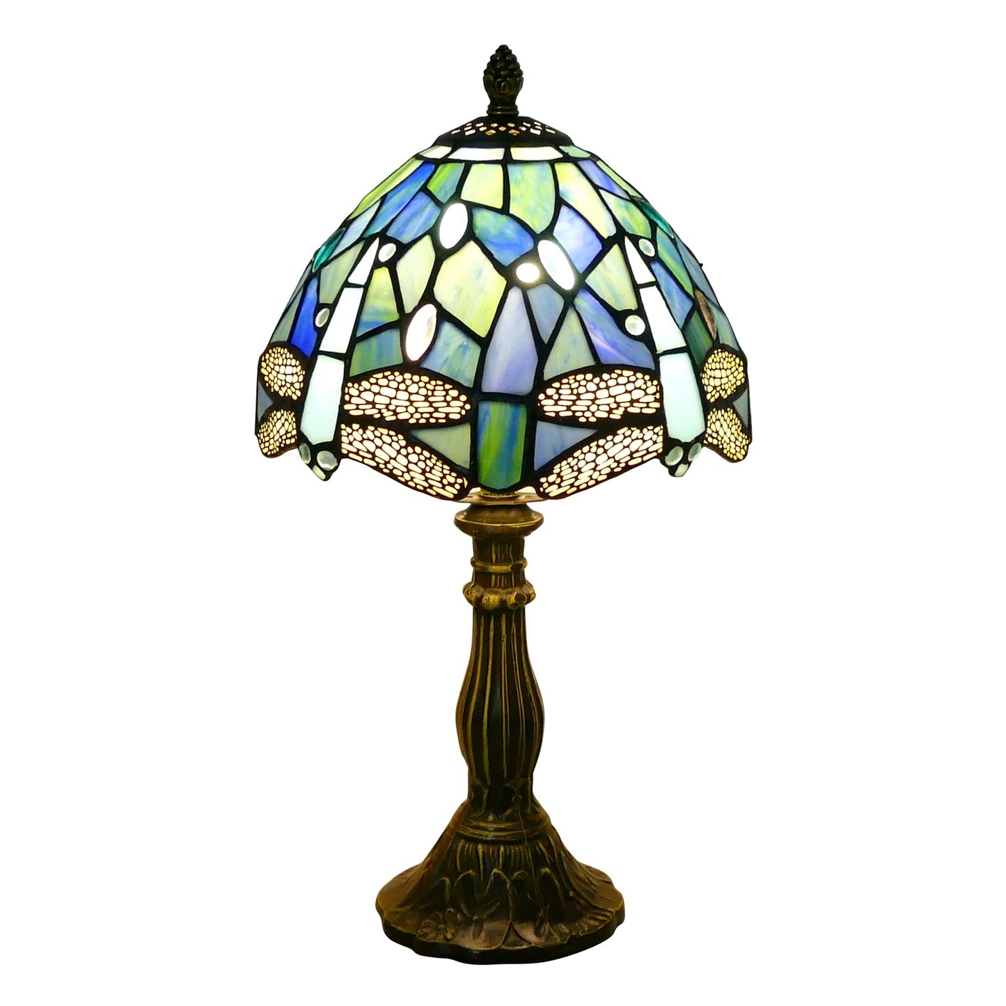 VirtueKing Tiffany Lamp Sea Blue Stained Glass Table Lamp 8X8X15 Inches Dragonfly Style Desk Reading Light Decor Beside Table Lamp for Bedroom Living Room Home Office