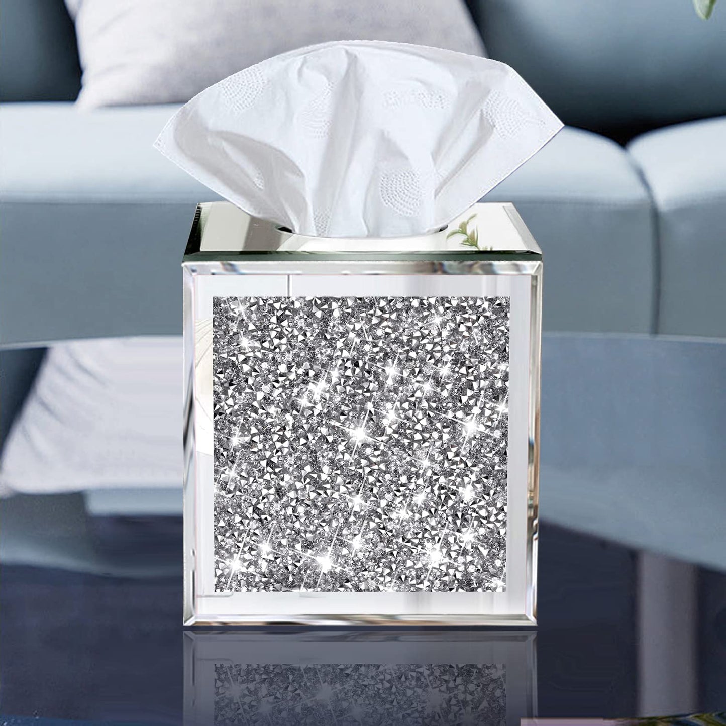 Wocred Square Mirrored Tissue Box Cover,Crystal Crushed Diamond Tissue Box,Silver Luxury Tissue Holders for Either Tissues in a Bathroom or Napkins on a Table.(5.5”x5.5”x5.5”)