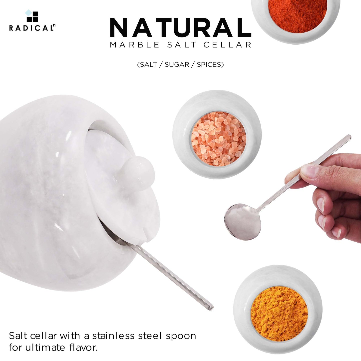 Radicaln Marble Salt Cellar with Lid 4" Inch White Salt Jar & Spice Storage Containers For Kitchen Countertop, Ideal Sugar Bowl & Salt dish For Table