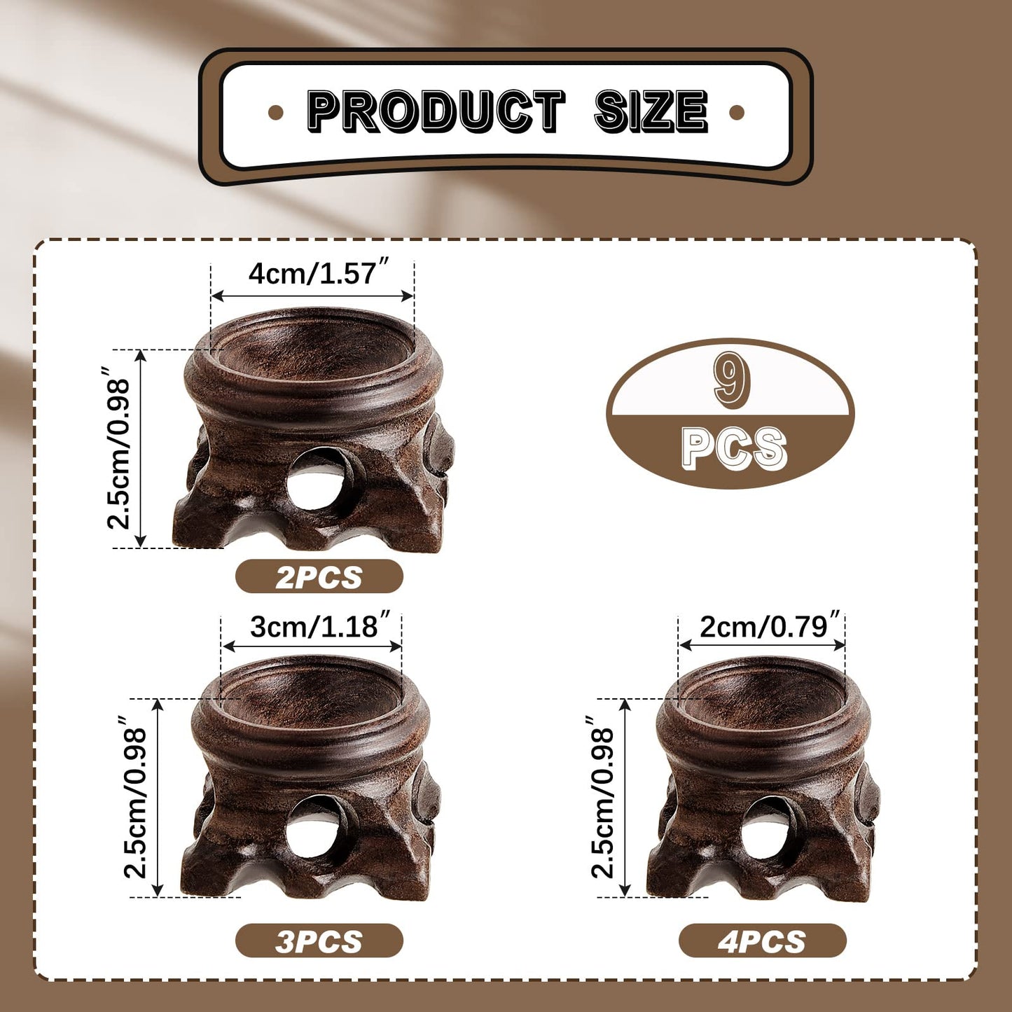 Taiyin 9 Pieces Wooden Sphere Stands for Display Mini Crystal Ball Holder Stone Rock - 3 Sizes: 0.79, 1.18, 1.57 Inch for Globe Gemstone Home Decor