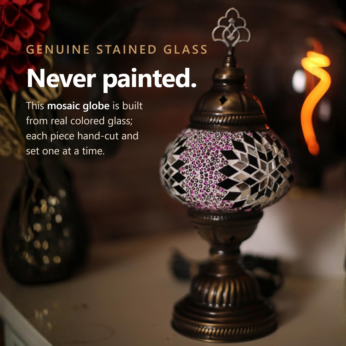 VIALVENTA Turkish Purple Mosaic Table Lamp, Handmade, Mosaic Moroccan Table Lighting, 13-Inch Height, 5-Inch Mosaic Glass Globe, Tiffany Light, Night Light, Bedroom and Living Room Lighting