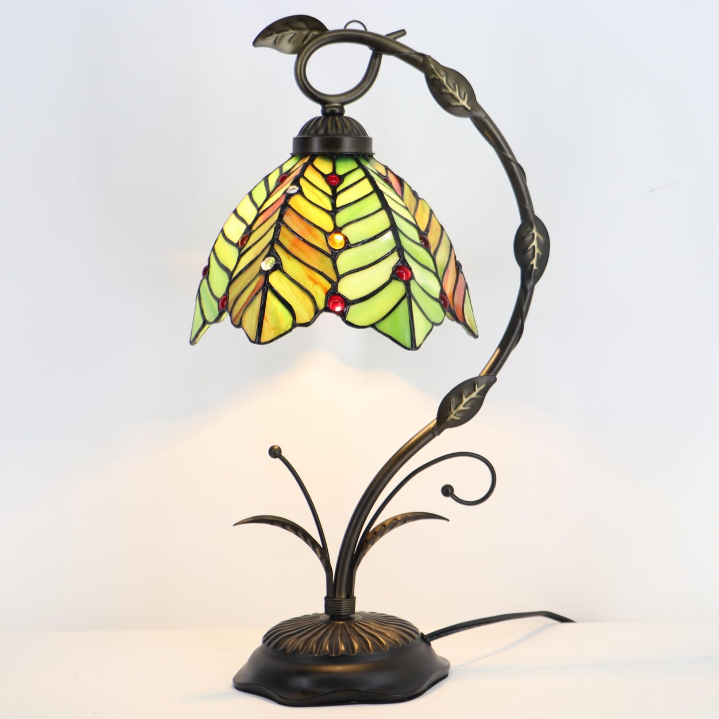 LXHCYOU Tiffany Table Lamp, Stained Glass Desk Reading Light, 8X10X19 Inches, Metal Leaf Base (Brown Green Leaf)