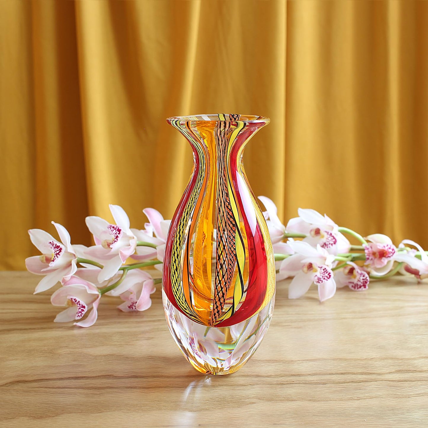 Ca D Oro Small Glass Vase Boho with Red/Yellow Canes Hand Blown Murano-Style Art Glass - Model Nº 2