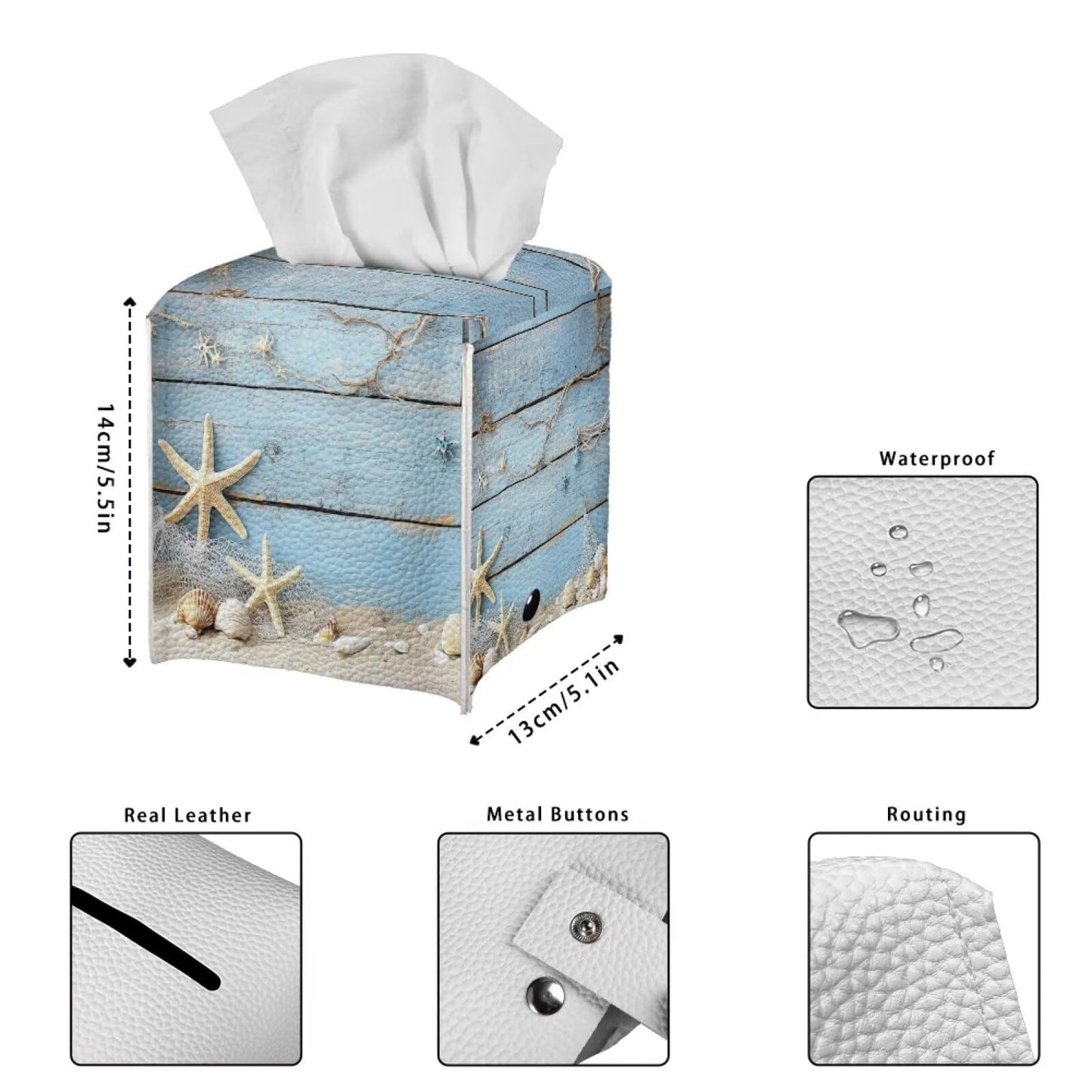 Tutolipy Tissue Box Holder Square Tissue Box Cover Facial Tissue Box Covers Cube Napkin Organizer Dispenser for Bedroom Office Bathroom Decor, Starfish Blue