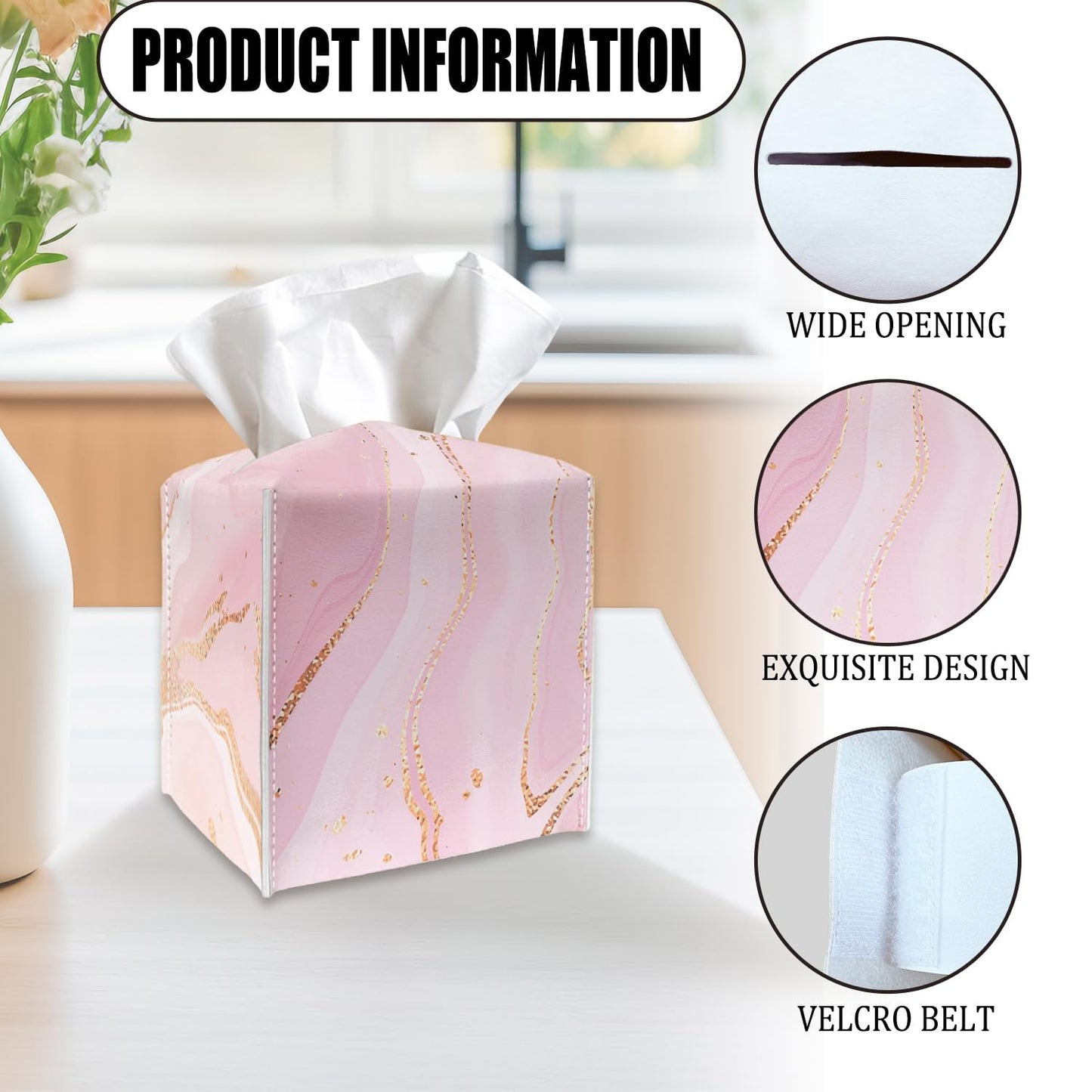 Tissue Box Cover Holder - Pink Gold Marble PU Leather Tissue Box Cover with Bottom Belt, Stylish Square Facial Paper Dispenser for Tabletop, Bathroom, Kitchen, Car & Office -036