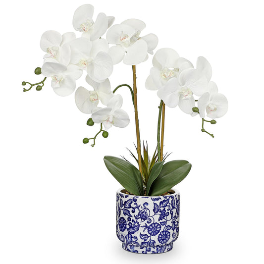 Briful Orchid Artificial Flowers 19.6in White Orchid Silk Floral Arrangement with Blue and White Ceramic Pot Fake Orchid Plant for Home Office Dining Room Table Centerpiece Decor