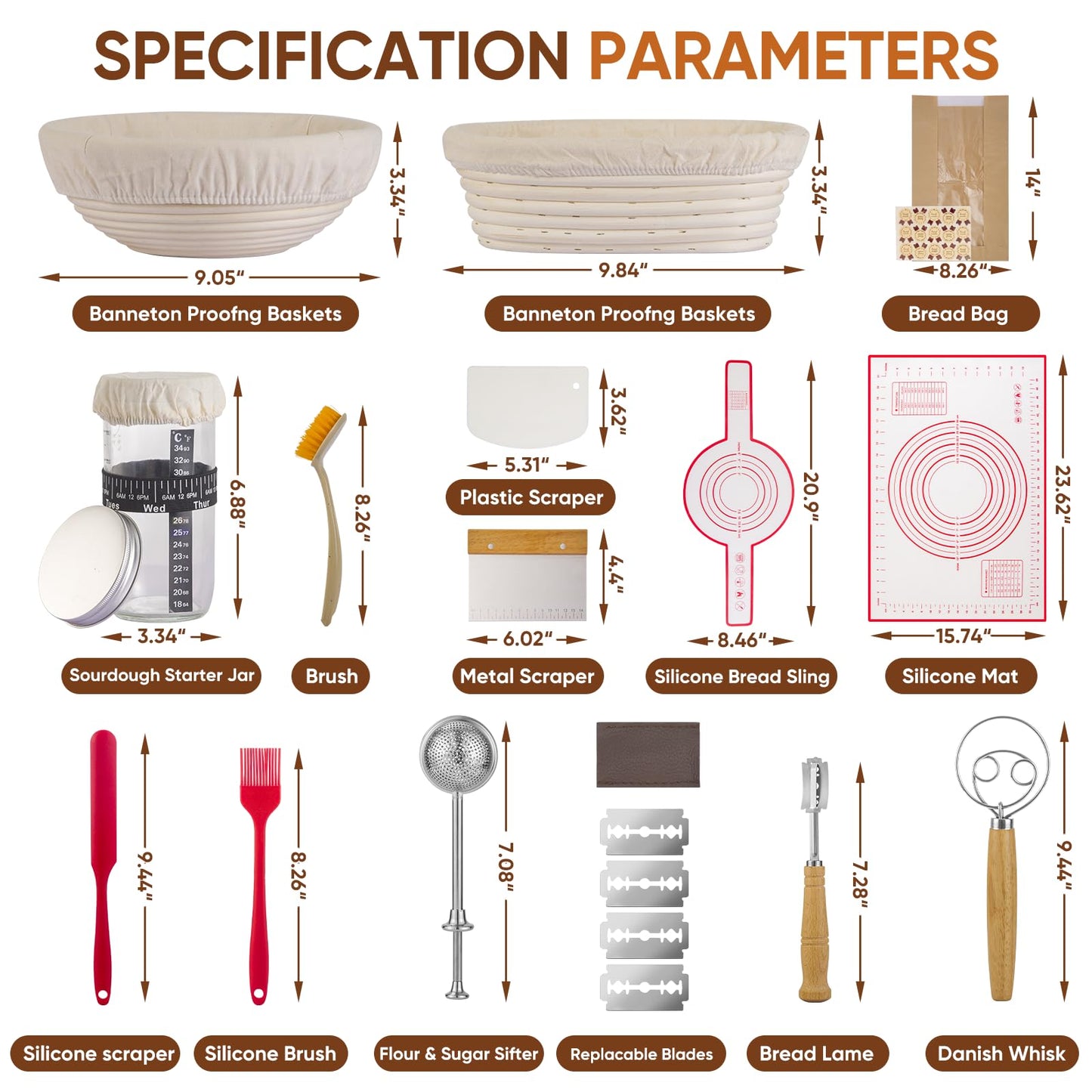 Yiczc Sourdough Starter Kit with Round 9" & Oval 10" Banneton Bread Proofing Baskets, Starter Jar, Dough Whisk, Scraper & Bread Sling, Complete Sourdough Bread Baking Supplies Gift Set for Home Bakers