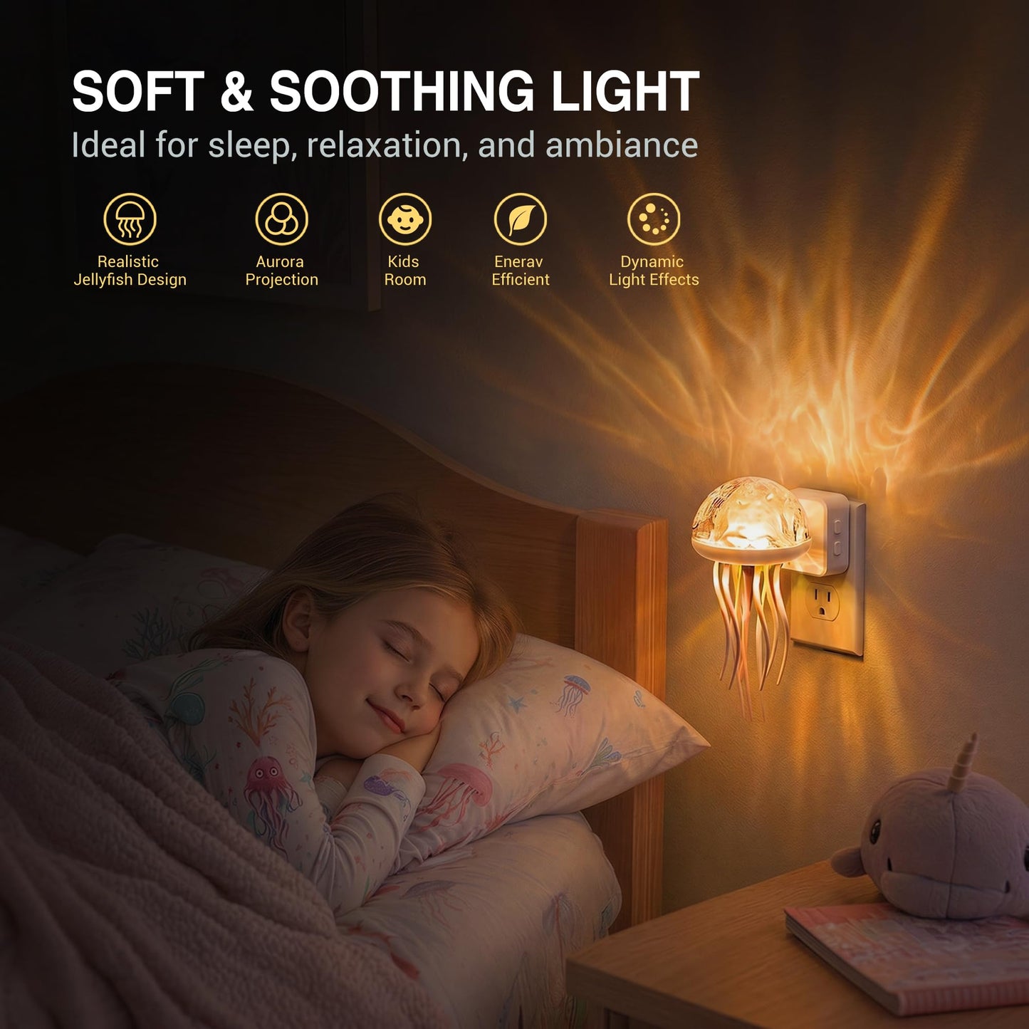 JandCase Night Lights Plug Into Wall, Jellyfish Projector Night Lights, 180° Dynamic Rotating Jellyfish Lamp with Dusk to Dawn Sensor, for Adults Teen Girl Gifts Decor Aesthetic