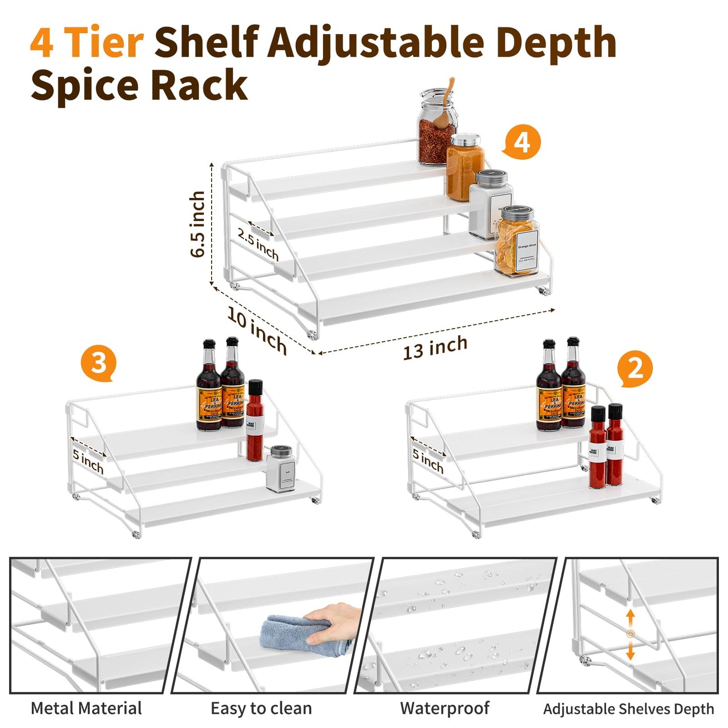 BOIVSHI Tiered Spice Rack, 4 Tier Spice Shelf Organizer for Cabinet, Spice Rack Organizer, Depth Adjustable Seasoning Rack Organizer for Cabinet, Countertop, Pantry, Metal, White (1 Pack)