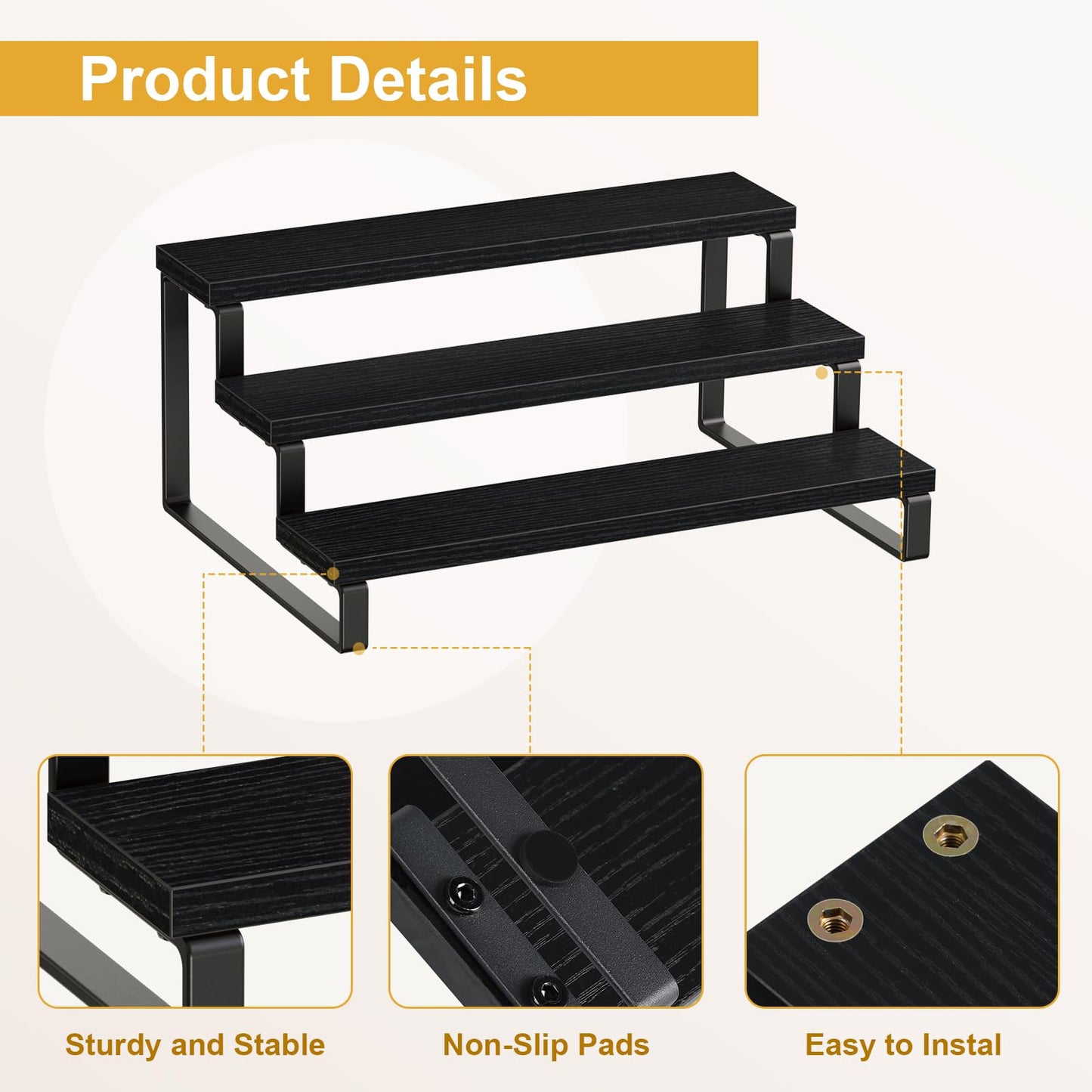 Giikin 3 Tier Spice Rack, Set of 2 Wooden Spice Rack for Countertop, Cabinet Organizer Shelf Kitchen Counter Storage Shelves Cupcake Stand Holder Display Stand, Black