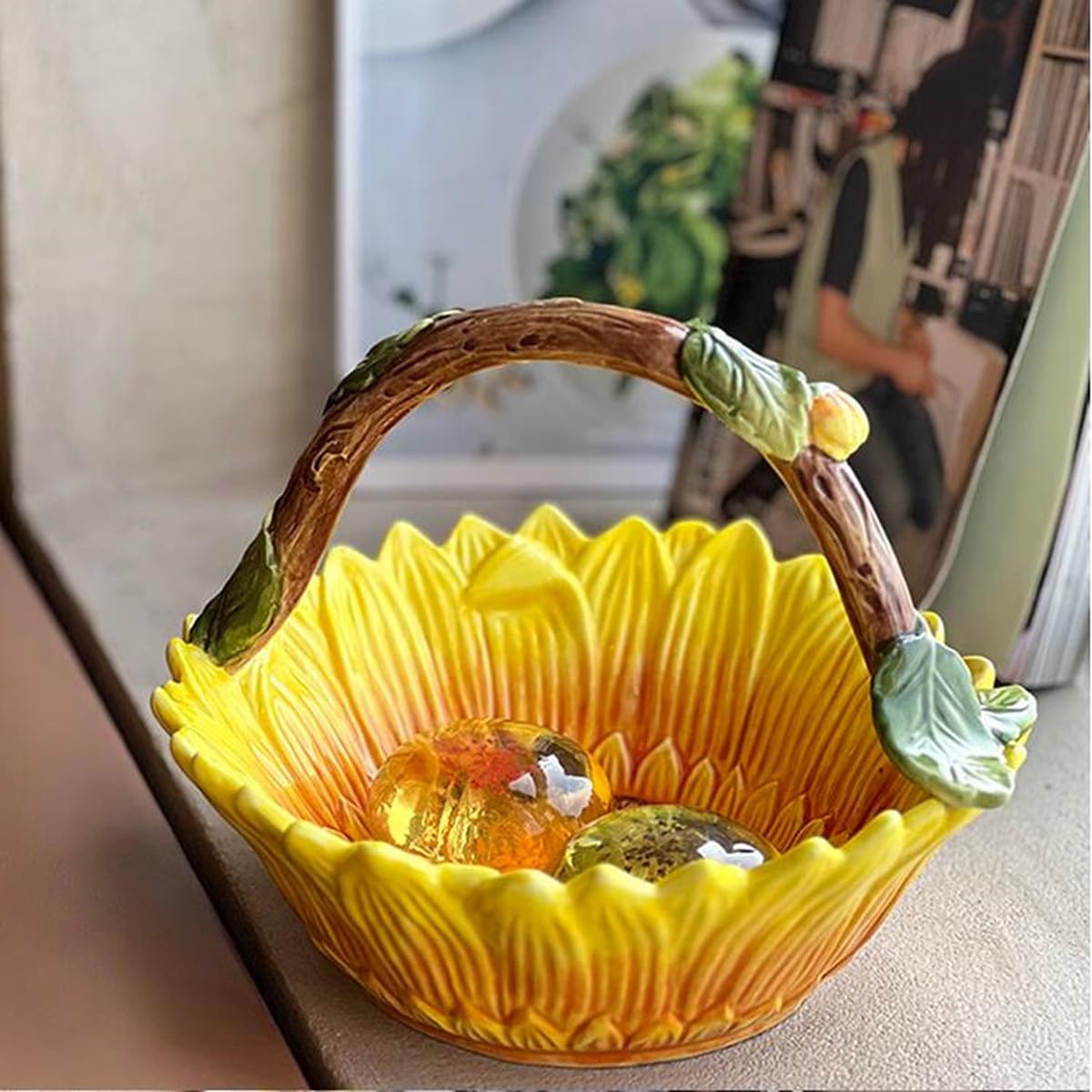 FORLONG Ceramic Sunflower Fruit Hand Basket, Snack Bowl, Hand Painted Art Tabletop Home Décor -8.5 inches (Yellow)
