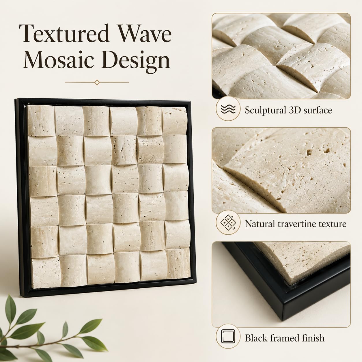 SIRIZEN-DIVING 3D Decorative Travertine Wall Art, Natural Stone Mosaic,Black Frame, Marble Decor, Marble Painting (Beige)