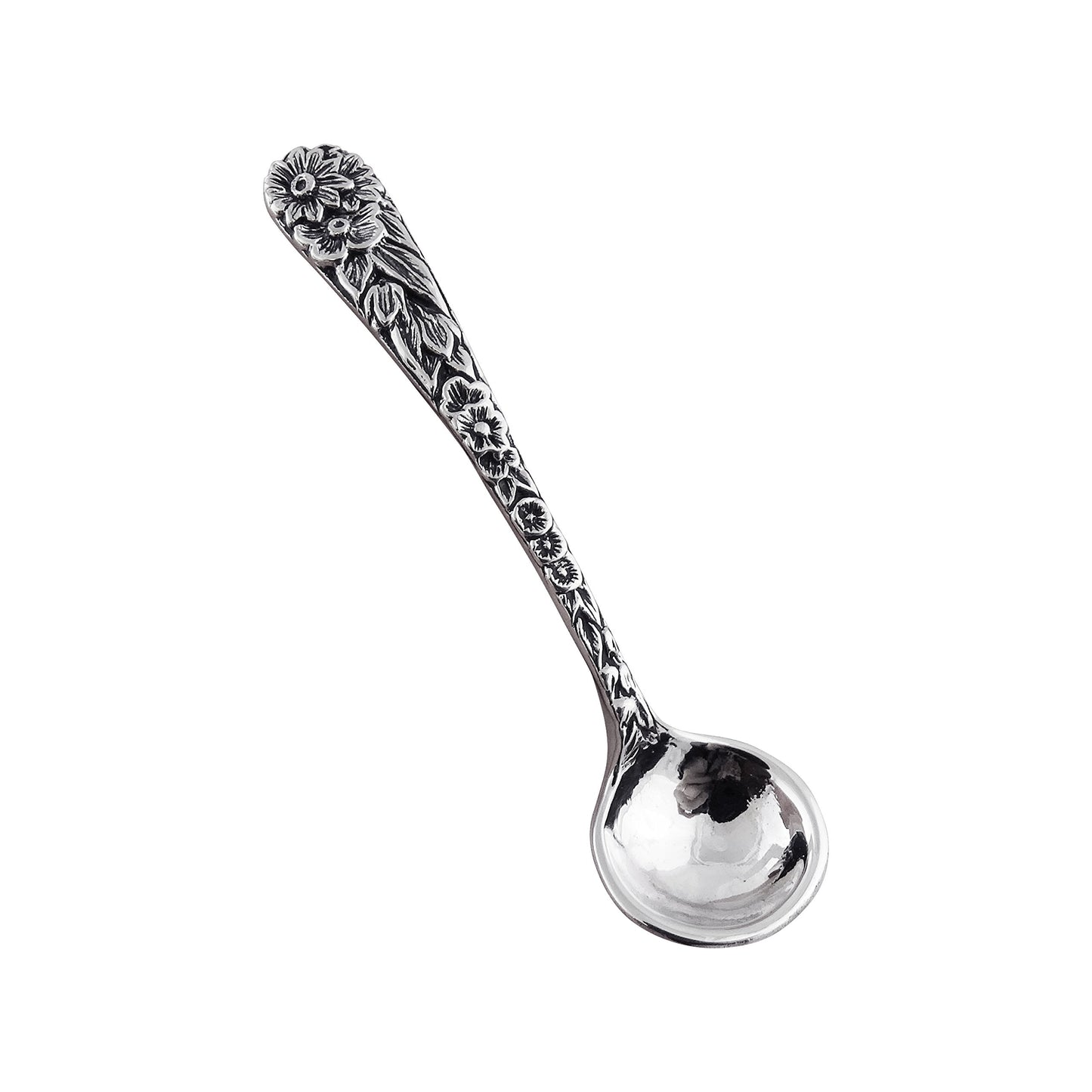 2" Sterling Silver Floral Daisy Salt Spoon or Mustard Spoon, Polished Round Bowl, Flower Design Handle