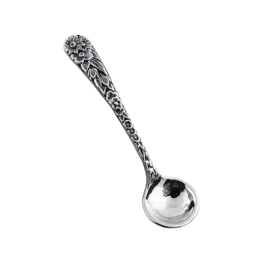 2" Sterling Silver Floral Daisy Salt Spoon or Mustard Spoon, Polished Round Bowl, Flower Design Handle