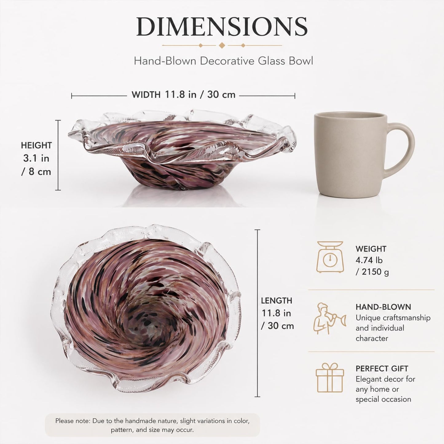 Large Hand Blown Glass Bowl, Ocean Wave Ruffled Rim Decorative Fruit Bowl, Swirled Blown Glass Centerpiece Bowl Glass, Blown Glass Art for Kitchen Counter Fruit Display or Office Candy Bowl (Pink)