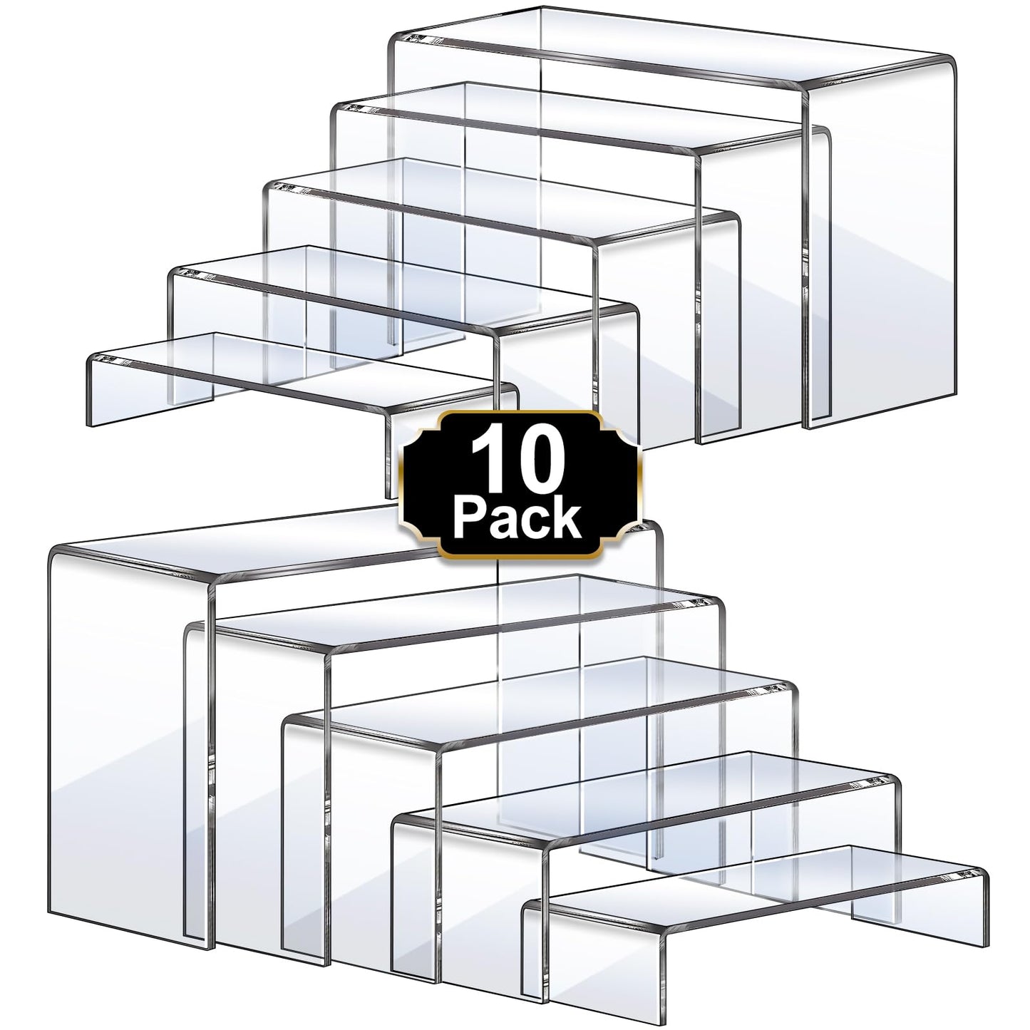 Aheroi Large Acrylic Risers, 10 Pcs 2 Set(7”L~8”L~9”L) Riser Display Shelf, Clear Rectangular Display Stands Set, Transparent Shelves for Decor, Showcase Holder for Cupcake