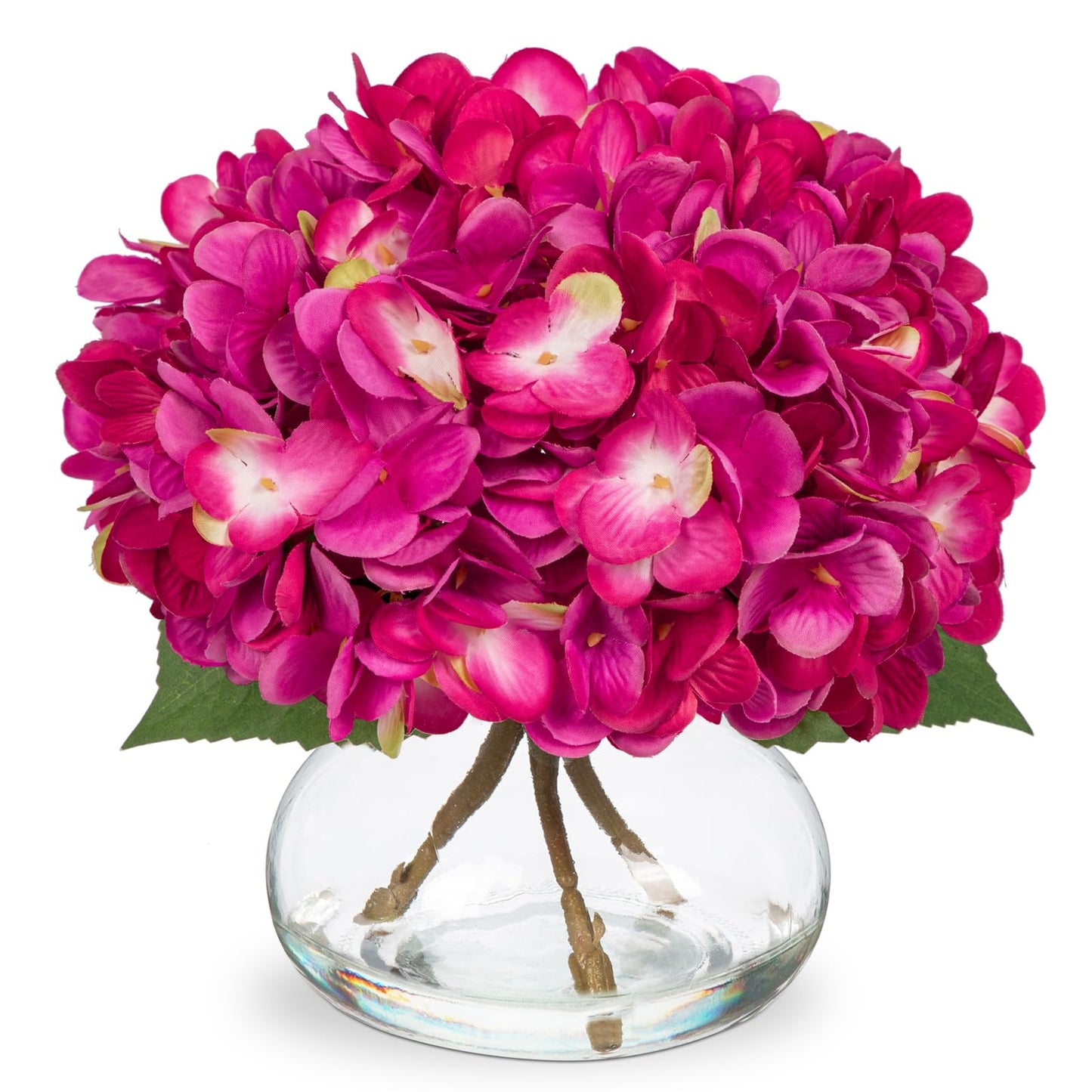 Hollyone Hydrangea Artificial Flowers with Glass Vase Fuchsia Silk Faux Flowers Arrangements in Vase with Faux Water Fake Floral Bulk Bouquet for Home Decor Table Centerpiece Decorations