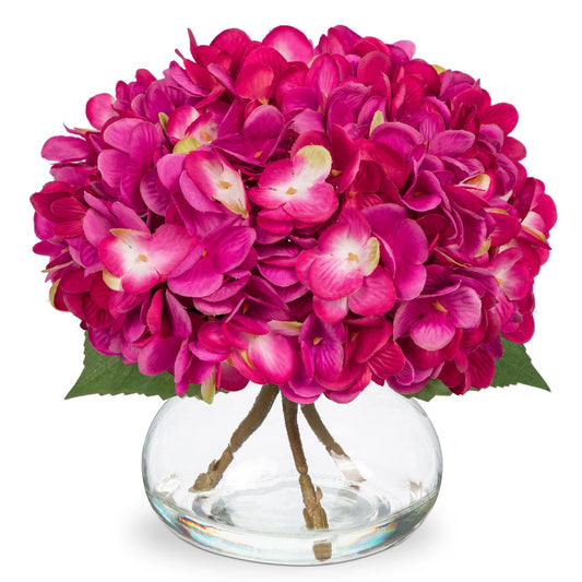 Hollyone Hydrangea Artificial Flowers with Glass Vase Fuchsia Silk Faux Flowers Arrangements in Vase with Faux Water Fake Floral Bulk Bouquet for Home Decor Table Centerpiece Decorations