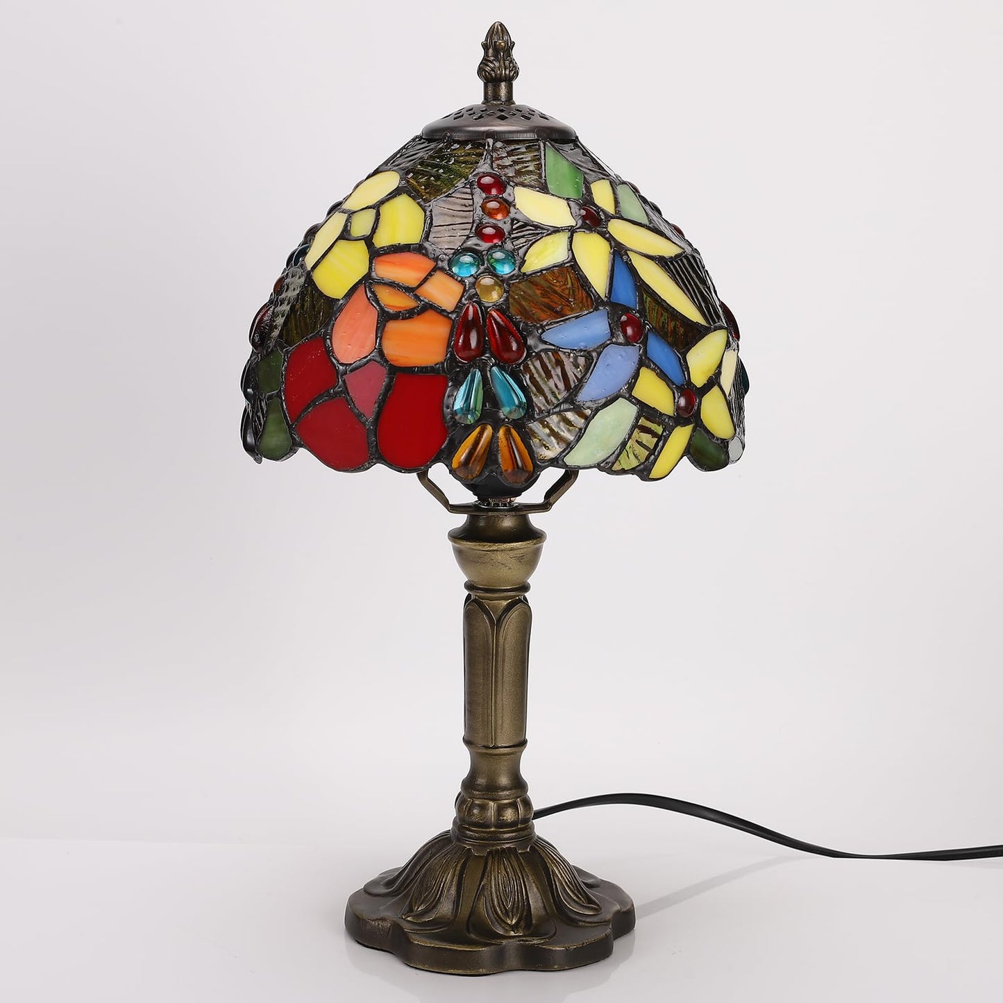 tuomoxte Tiffany Small Table Lamp for Bedroom Set of 2,Bedside Nightstand Lamp Rose Flower Grape Stained Glass Table Lamps for Living Room,3 Color Temperature Home Office Desk Lamp+LED Bulb