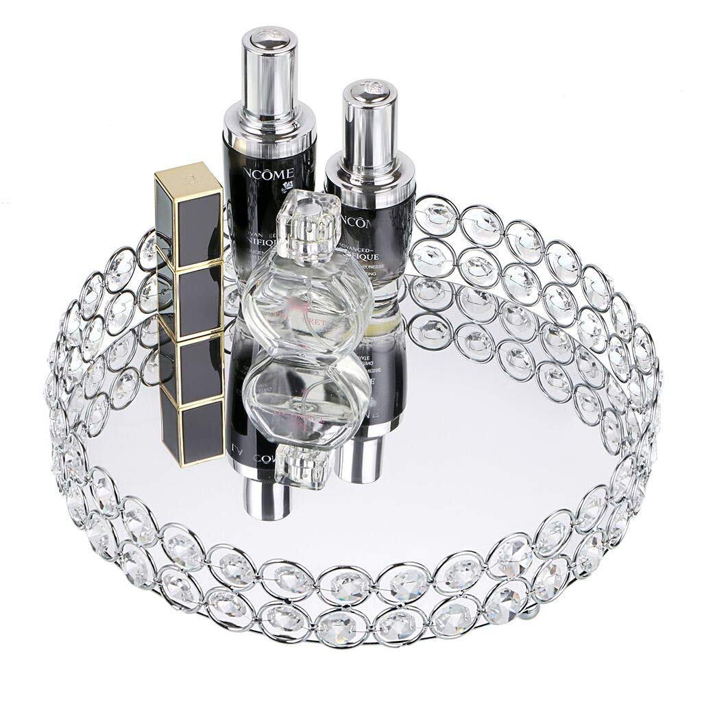 Hipiwe Crystal Make up Tray, Mirror Perfume Tray Bathroom Storage Trays Jewelry Trinket Trays Vanity Cosmetic Organizer Home Decor, Birthday Gift for Women(Round 9.8 Inch)
