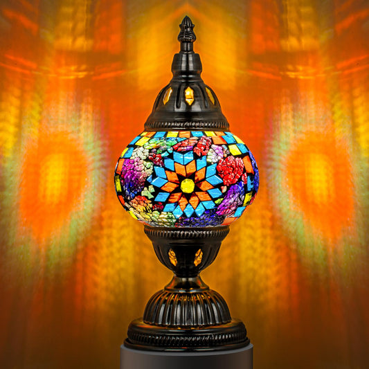 Marrakech Turkish Table Lamp with Bronze Base，Handmade Colorful Moroccan Tiffany Style Mosaic Glass Night Stand Light Fixture Including LED Bulb for Living Room Bedroom Decor (Multi-Colored)