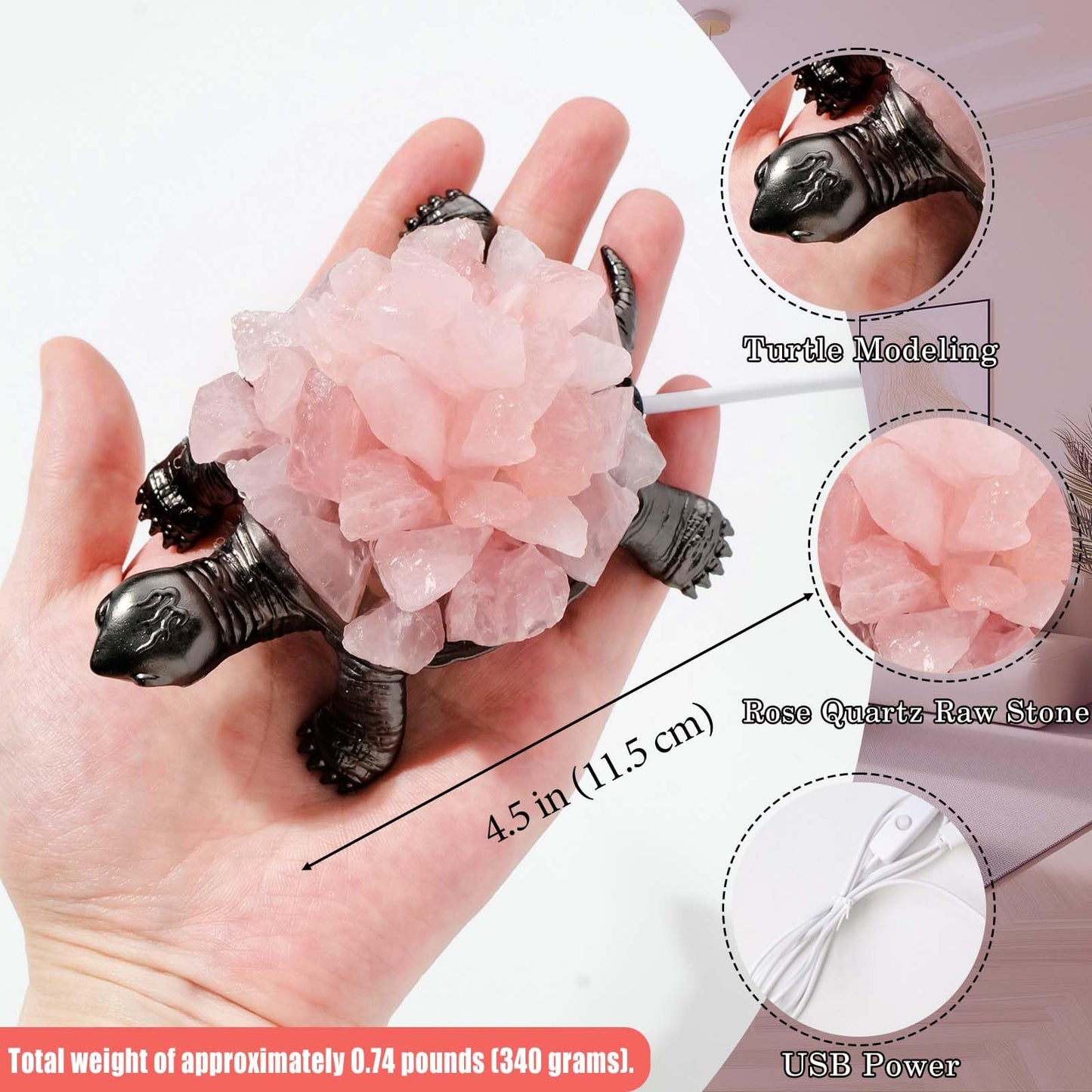 Runyangshi Natural Rose Quartz Turtle Night Lamp Healing Crystal Bedroom Bedside Table Lamp USB Port Home Decor Women Men Gift