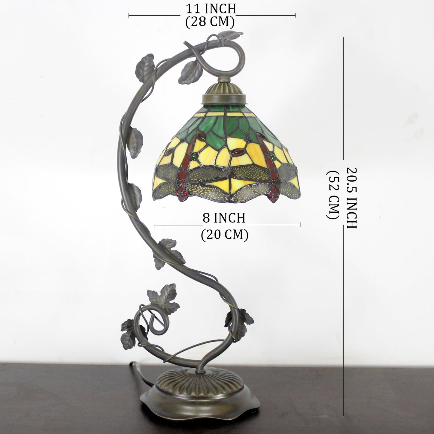 WERFACTORY Tiffany Lamp Green Yellow Stained Glass Dragonfly Style Table Lamp Metal Leaf Base 8X10X21 Inches Desk Light Decor Small Space Bedroom Home Office S009G Series