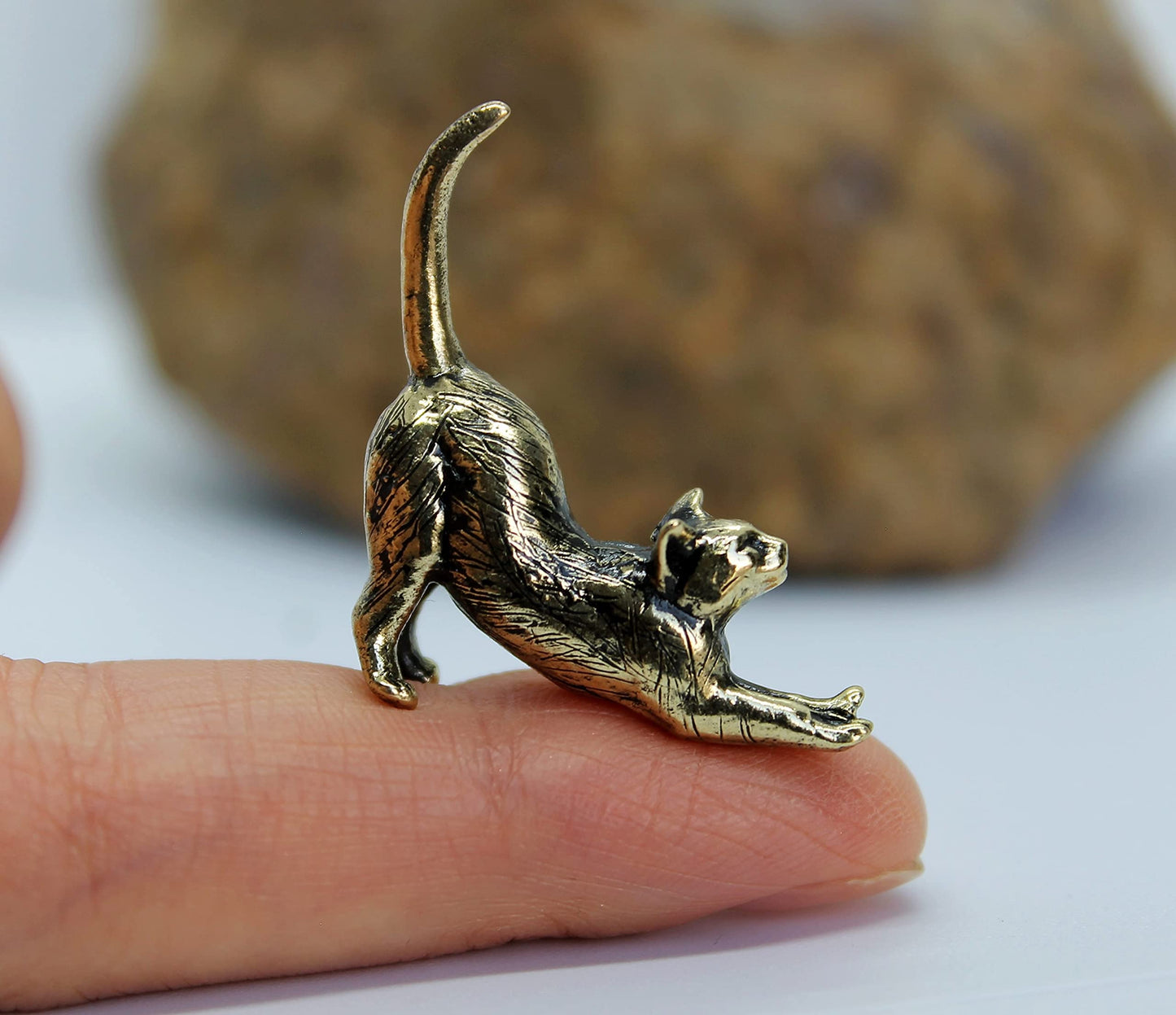 Stretching Cat Figurine Hand-Casted in Brass Small Kitten Miniature Collectible Gift for Cat Lovers Tiny Metal Decorative Trinket
