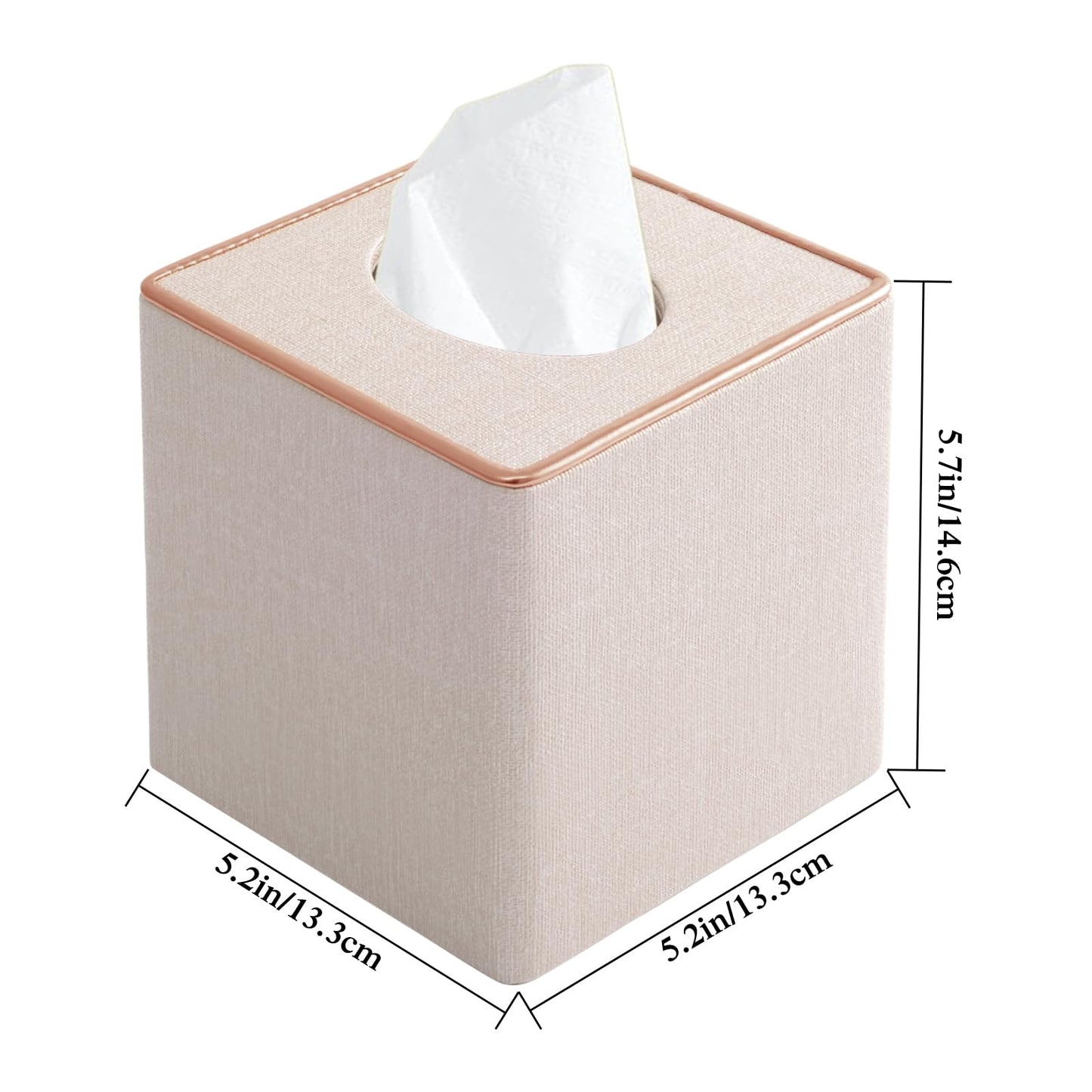 RHCSZ Linen Square Tissue Box Cover,Cube Tissue Box Holder－Excellent Rosegold Leather Decoration,Table Napkin Case Dispenser,Facial Tissues Organizer with Magnetic Bottom for Home Office Car(Beige)